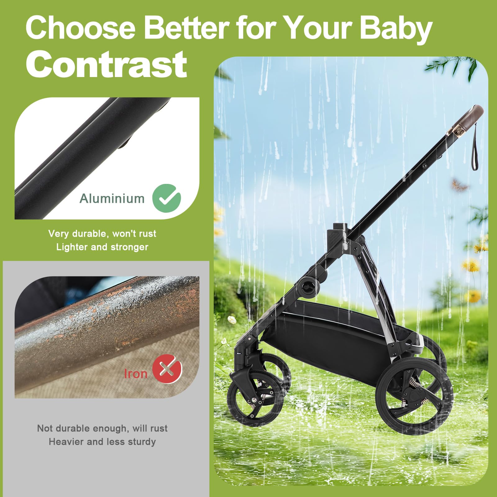 Lnhcrbs Kinderwagen 3 in 1,Kinderwagen Set ist ein mit einer Hand faltbarer Aluminiumrahmen, Bergsteiger Stoller ist aus Leder, wasser- und schmutzabweisend, Für 0-4 Jahre, 22KG(Schwarz)