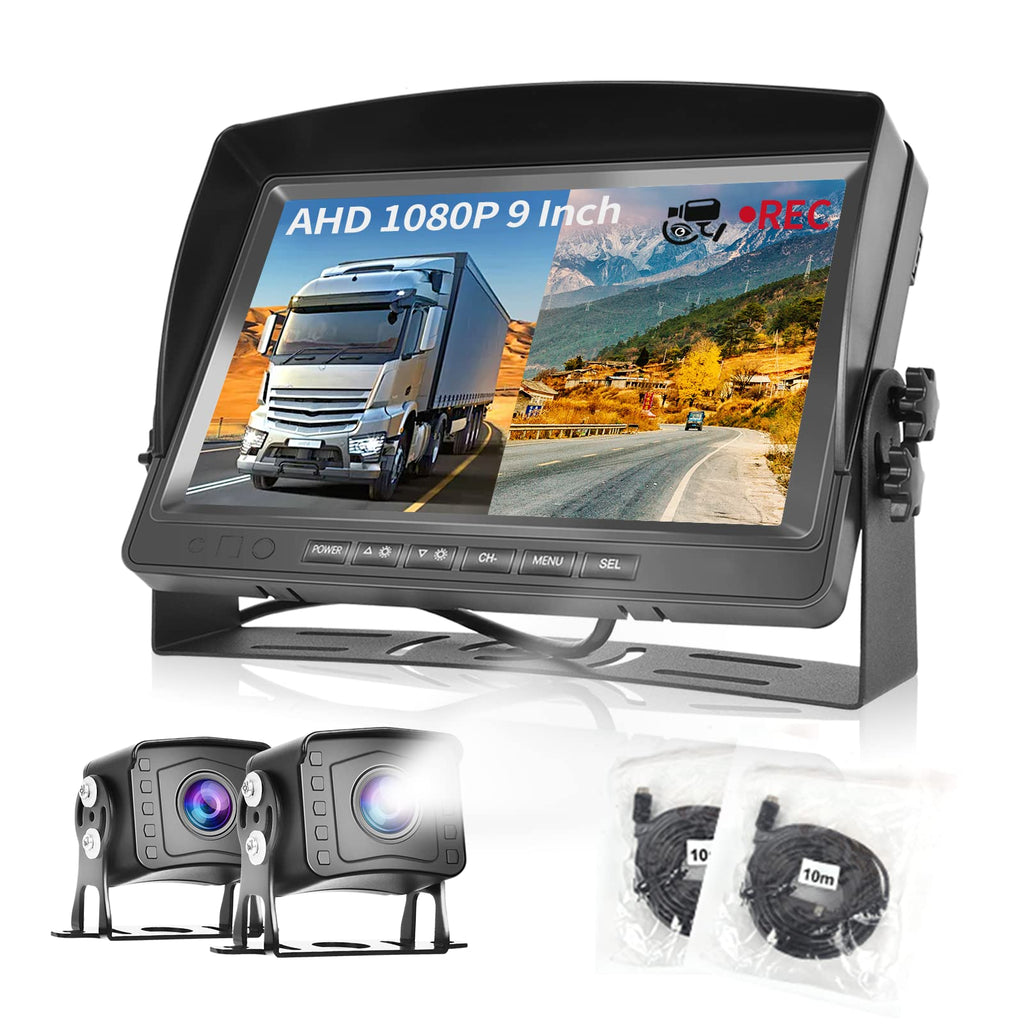 Hodozzy Dual Backup Kamera Rückfahrkamera System, Videoaufzeichnung 9 Zoll LCD Monitor DVR, IP69 Wasserdicht Vollfarb-Nachtsicht Auto Kamera mit 2*10m Kabel für LKW/Anhänger/Bus/Van/Wohnmobil 12V-35V