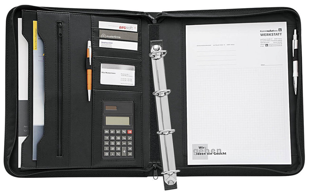 WEDO 581101 Collegemappe A4, genarbtes Kunstleder, Reißverschluss, mehrere Fächer, herausnehmbare 4-Ring-Mechanik, Stiftschlaufen, inkl. Solar Taschenrechner, schwarz