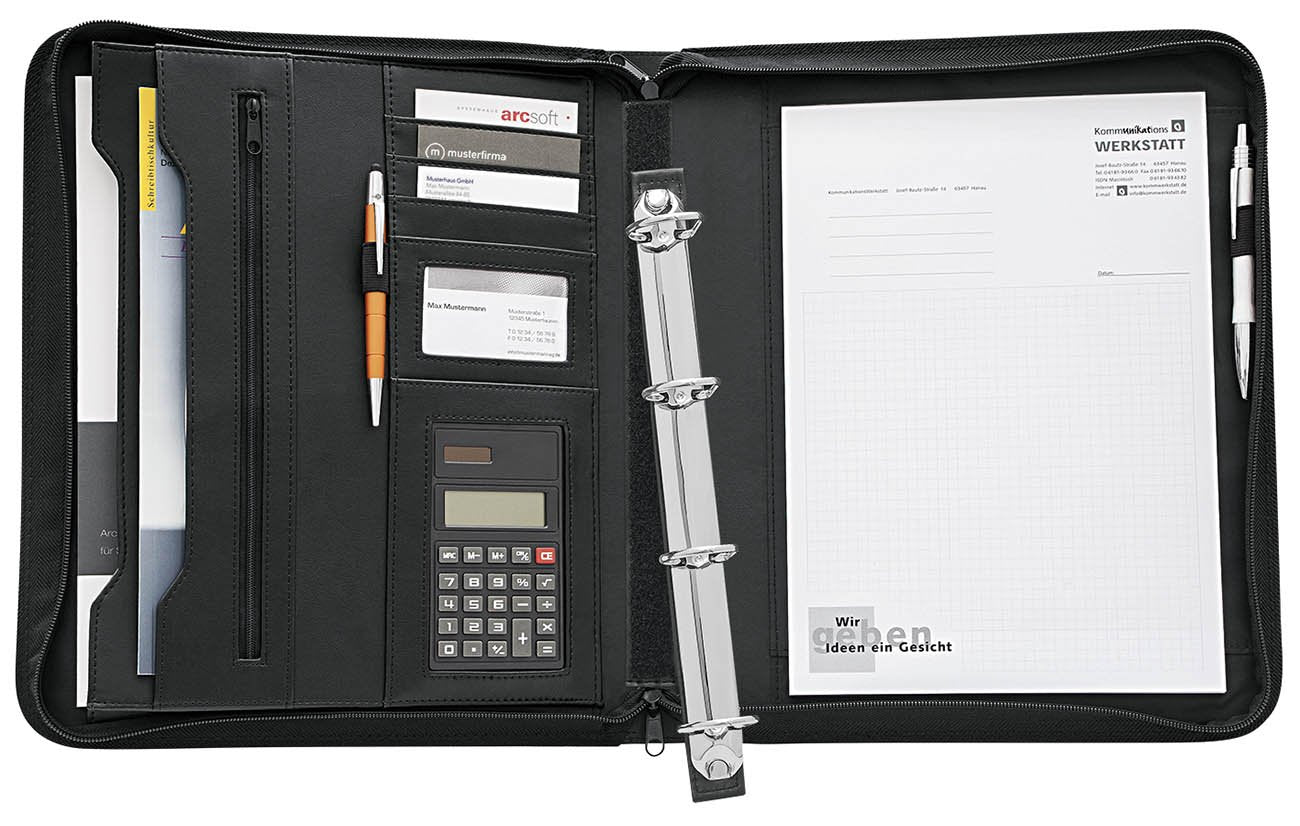 WEDO 581101 Collegemappe A4, genarbtes Kunstleder, Reißverschluss, mehrere Fächer, herausnehmbare 4-Ring-Mechanik, Stiftschlaufen, inkl. Solar Taschenrechner, schwarz
