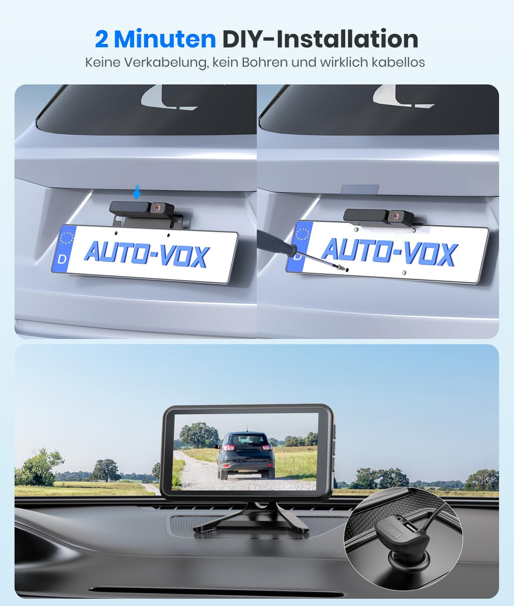 AUTO-VOX Solar Rückfahrkamera Kabellos mit 5" 1080P Monitor: 5000mAh Akku 2 Mins DIY Installation & Dual-Split Funk Rückfahrkamera, IP69K Wasserdicht Rückfahrkameras für Auto, LKW, Van, SUV, Wohnmobil