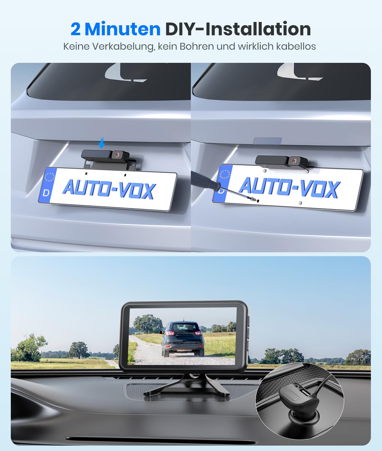 AUTO-VOX Solar Rückfahrkamera Kabellos mit 5" 1080P Monitor: 5000mAh Akku 2 Mins DIY Installation & Dual-Split Funk Rückfahrkamera, IP69K Wasserdicht Rückfahrkameras für Auto, LKW, Van, SUV, Wohnmobil