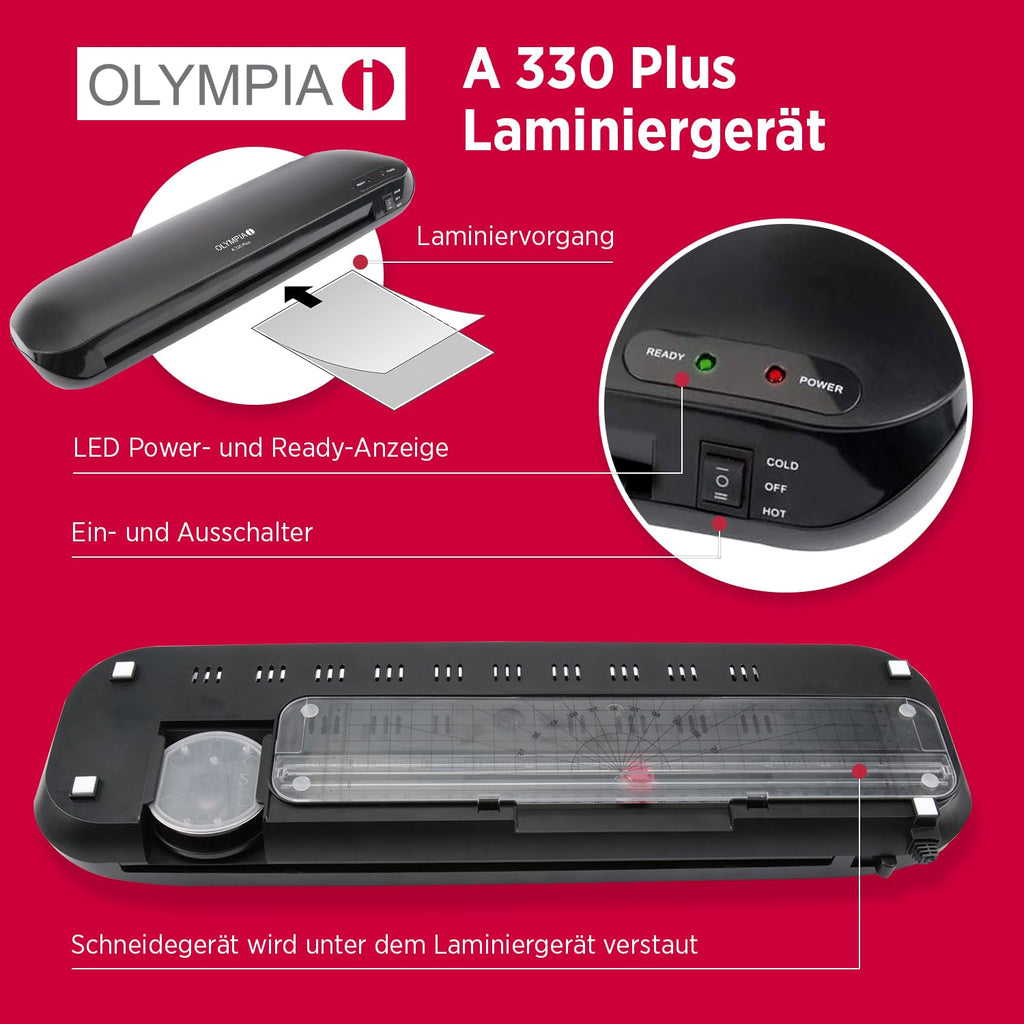 Olympia A 330 Plus Laminiergerät | Heiß- und Kaltlaminieren | Laminiergerät bis A3 | Blasenbildungsschutz | Laminiermaschine | Ideal für Büro, Schule & Homeoffice | Laminator inkl. Laminierfolien