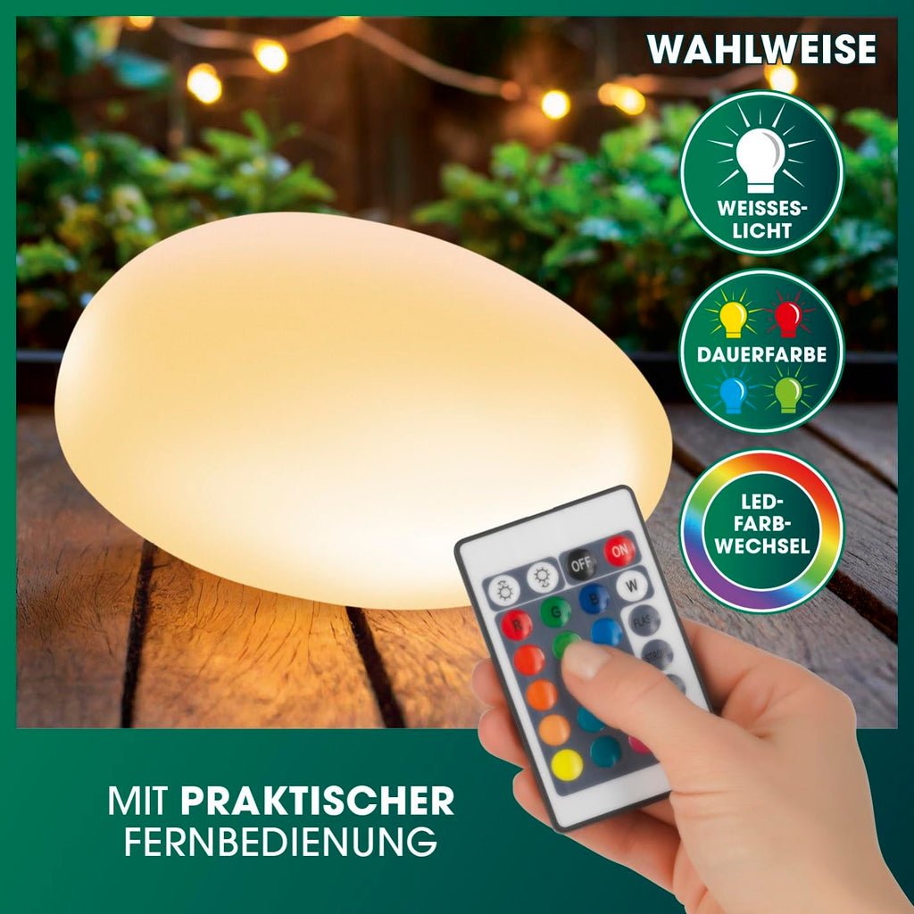 EASYmaxx LED Solarleuchte mit Fernbedienung | kaltweiße Leuchten mit Solarbetrieb & Farbwechsel | dimmbare Helligkeitsstufen, 12 Farben, 5 Leuchtmodi | inklusive Erdspieß & Dämmungssensor | Steinform