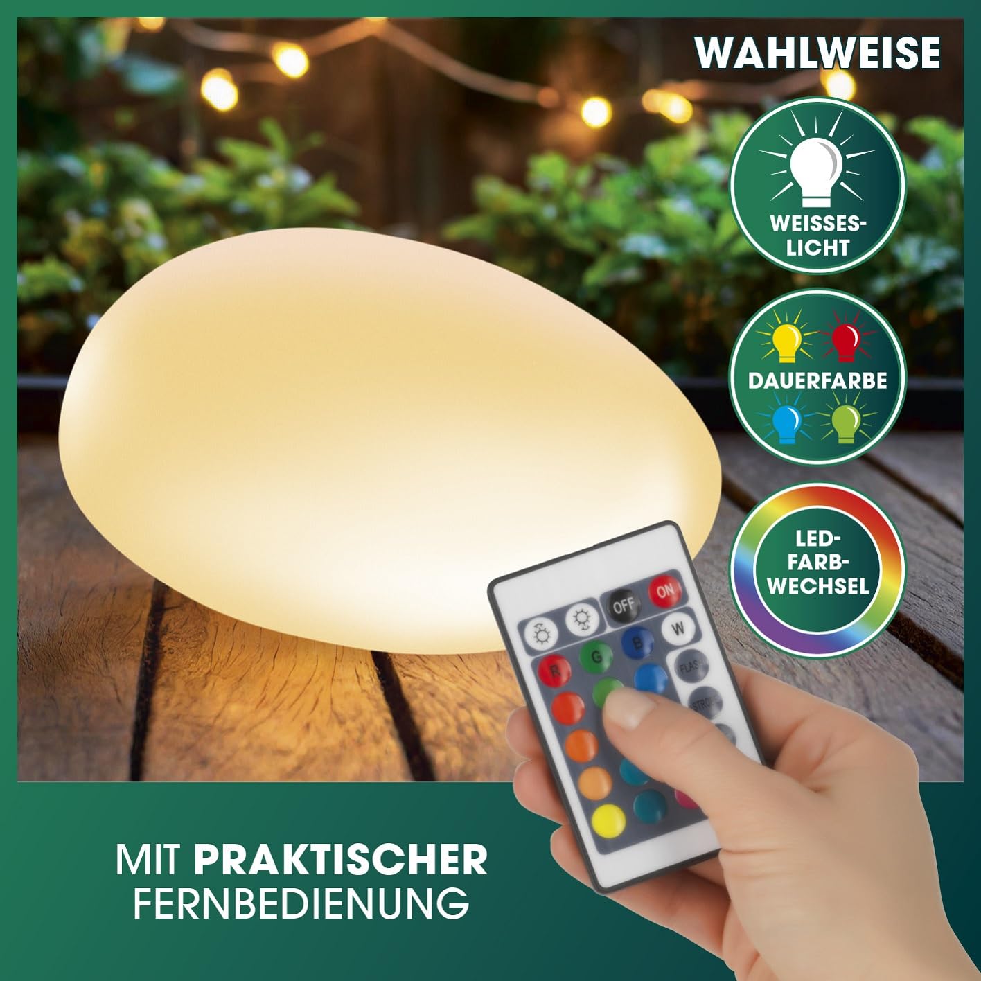 EASYmaxx LED Solarleuchte mit Fernbedienung | kaltweiße Leuchten mit Solarbetrieb & Farbwechsel | dimmbare Helligkeitsstufen, 12 Farben, 5 Leuchtmodi | inklusive Erdspieß & Dämmungssensor | Steinform