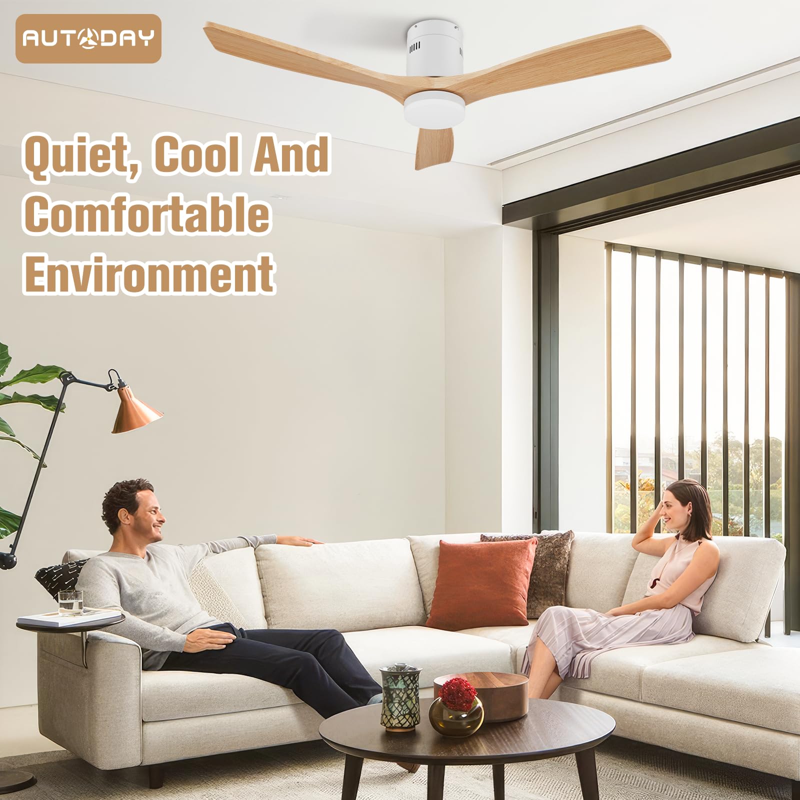 AUTODAY Holz Deckenventilator mit Beleuchtung dimmbarem LED 24W Leiser DC-Motor 38W 132 cm hölzern Deckenventilator mit licht Fernbedienung mit Memory-Funktion 6 Geschwindigkeiten 1/3/6H Timer