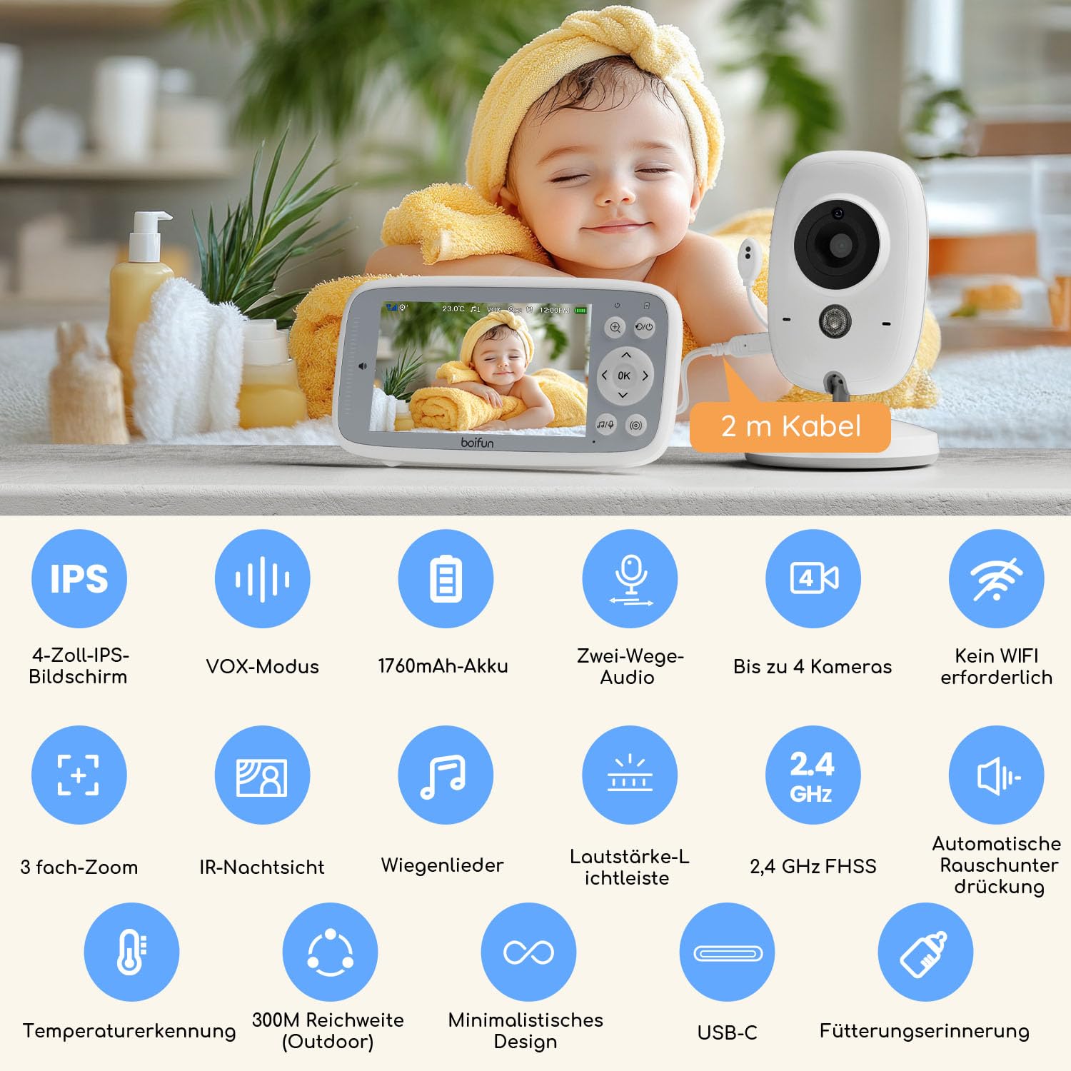 BOIFUN Babyphone mit Kamera, 4 Zoll 720P Monitor, Ohne WLAN, Nachtsicht, 11 Stunden Akkulaufzeit, Energiesparmodus, 2 Wege Audio, Schallerkennung, Temperaturerkennung, 3X Zoom, Schlaflieder
