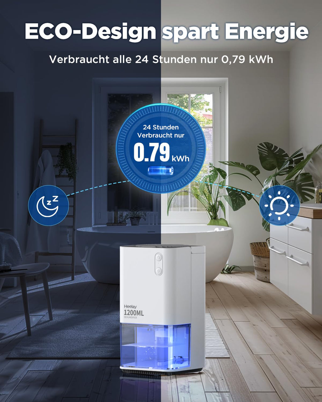 Heelay® Luftentfeuchter, 1200ML Kleiner Energiesparender Elektrischer Luftentfeuchter,Tragbar,Ultra Leise,Auto Abschaltung,7 Farbiges Licht,Raumentfeuchter Dehumidifier für Schlafzimmer,Bad,Home