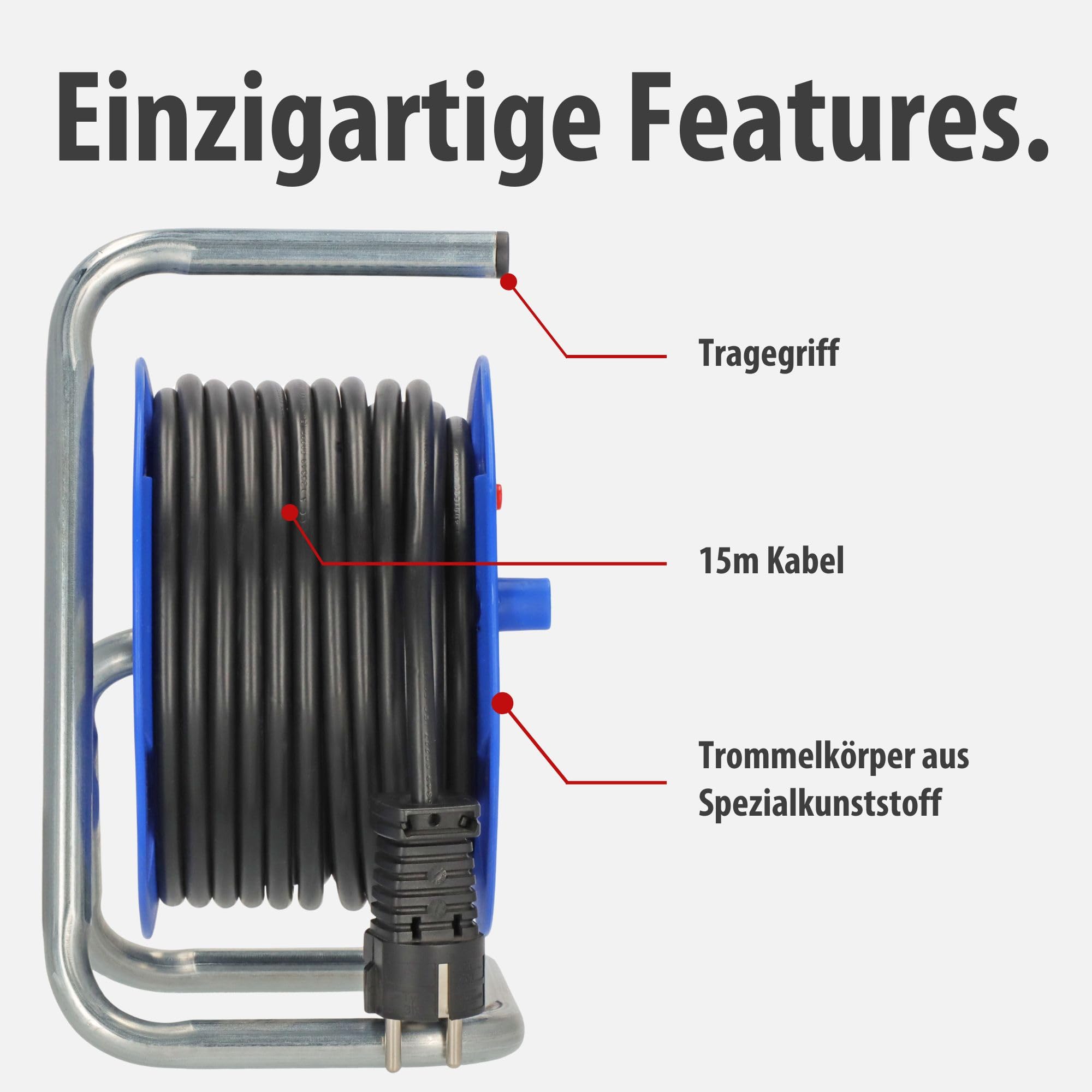 Brennenstuhl Garant Kompakt Kabeltrommel/Kabelrolle mit 4 Steckdosen (15m Kabel in schwarz, aus Spezialkunststoff, Made in Germany)
