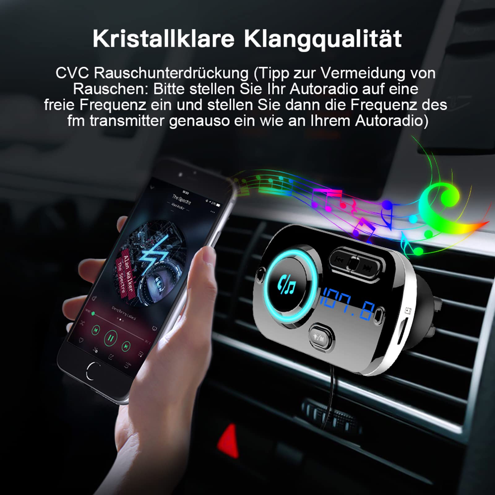 Bluetooth 5.3 FM Transmitter, SONRU Bluetooth Adapter Auto mit Freisprechanlage, [30W PD & 18W QC3.0] Schnelles Autoladegerät mit LED Farblicht Unterstützungs Aux Ausgang und TF Karte