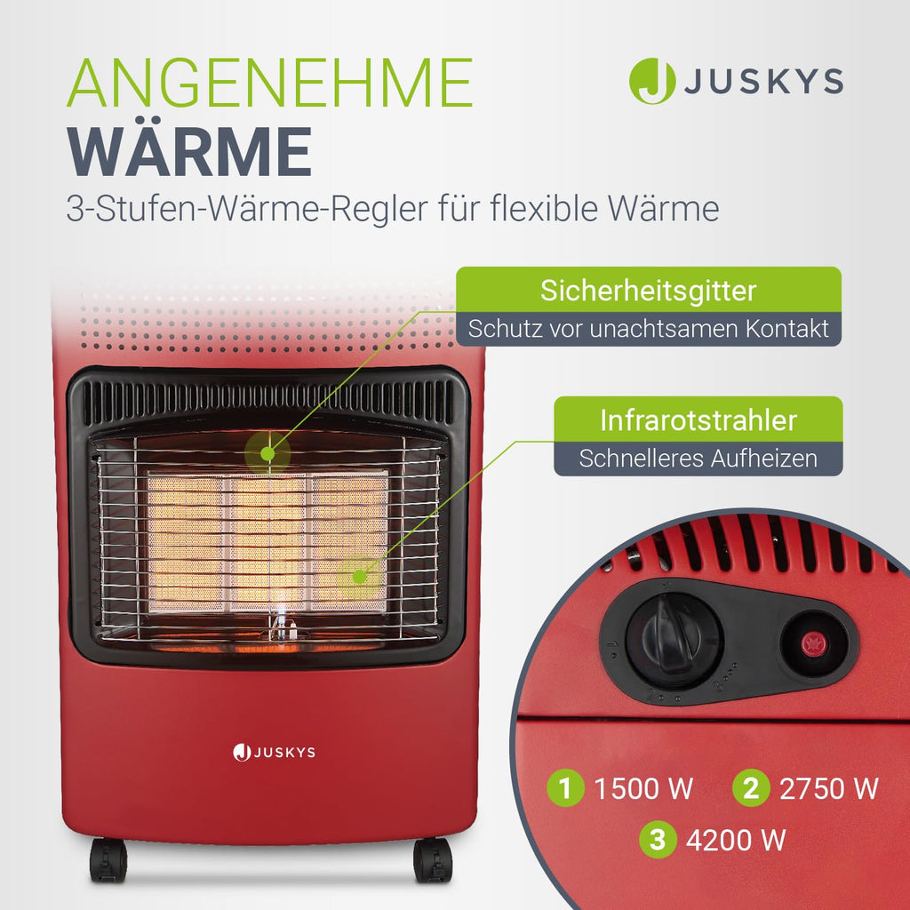 Juskys® Keramik Gasheizung GS42US in Rot - 4200 W mit Druckregler & Schlauch - Mobil, effizient & energiesparend - Gasheizer Gasheizofen Gasheizgerät