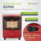 Juskys® Keramik Gasheizung GS42US in Rot - 4200 W mit Druckregler & Schlauch - Mobil, effizient & energiesparend - Gasheizer Gasheizofen Gasheizgerät