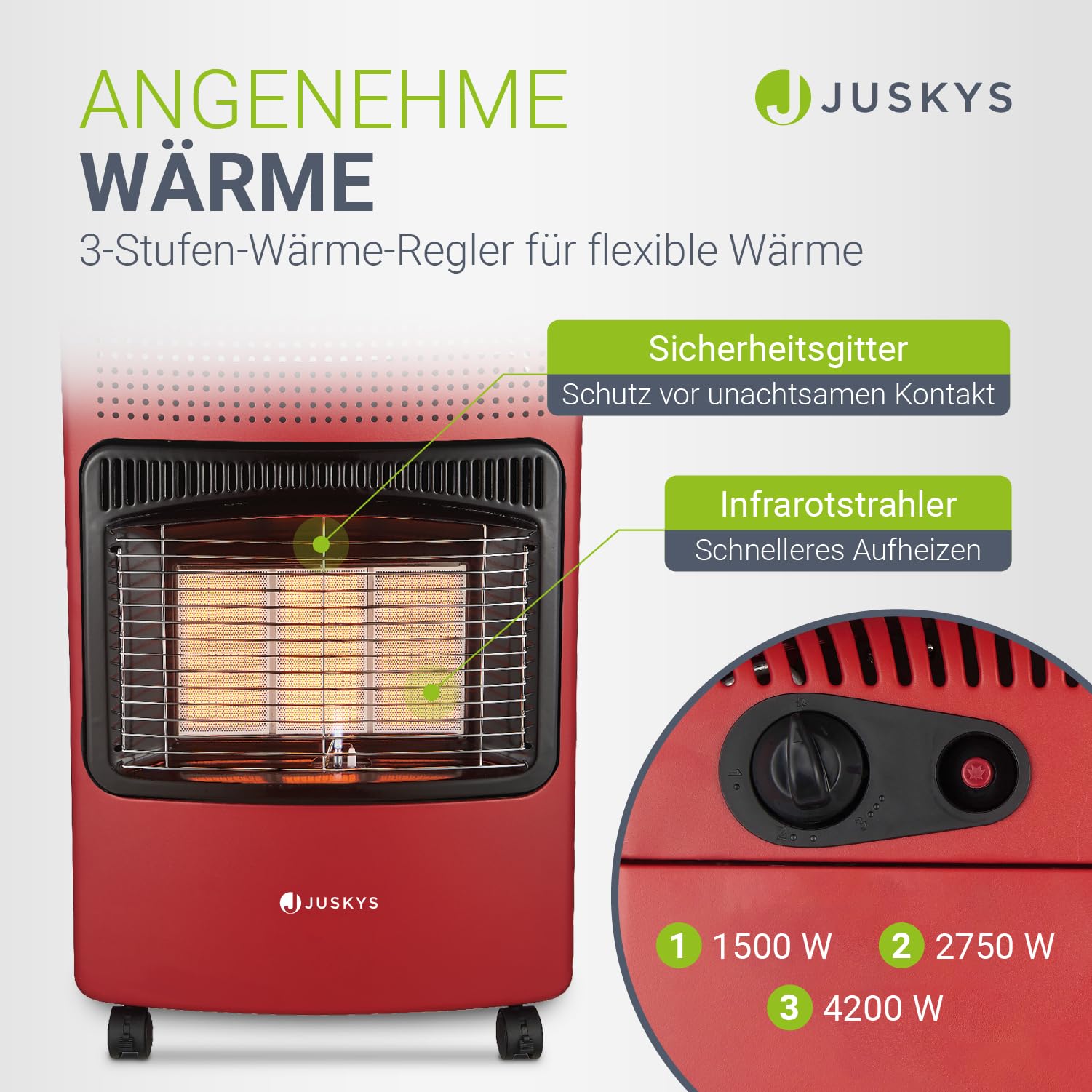 Juskys® Keramik Gasheizung GS42US in Rot - 4200 W mit Druckregler & Schlauch - Mobil, effizient & energiesparend - Gasheizer Gasheizofen Gasheizgerät
