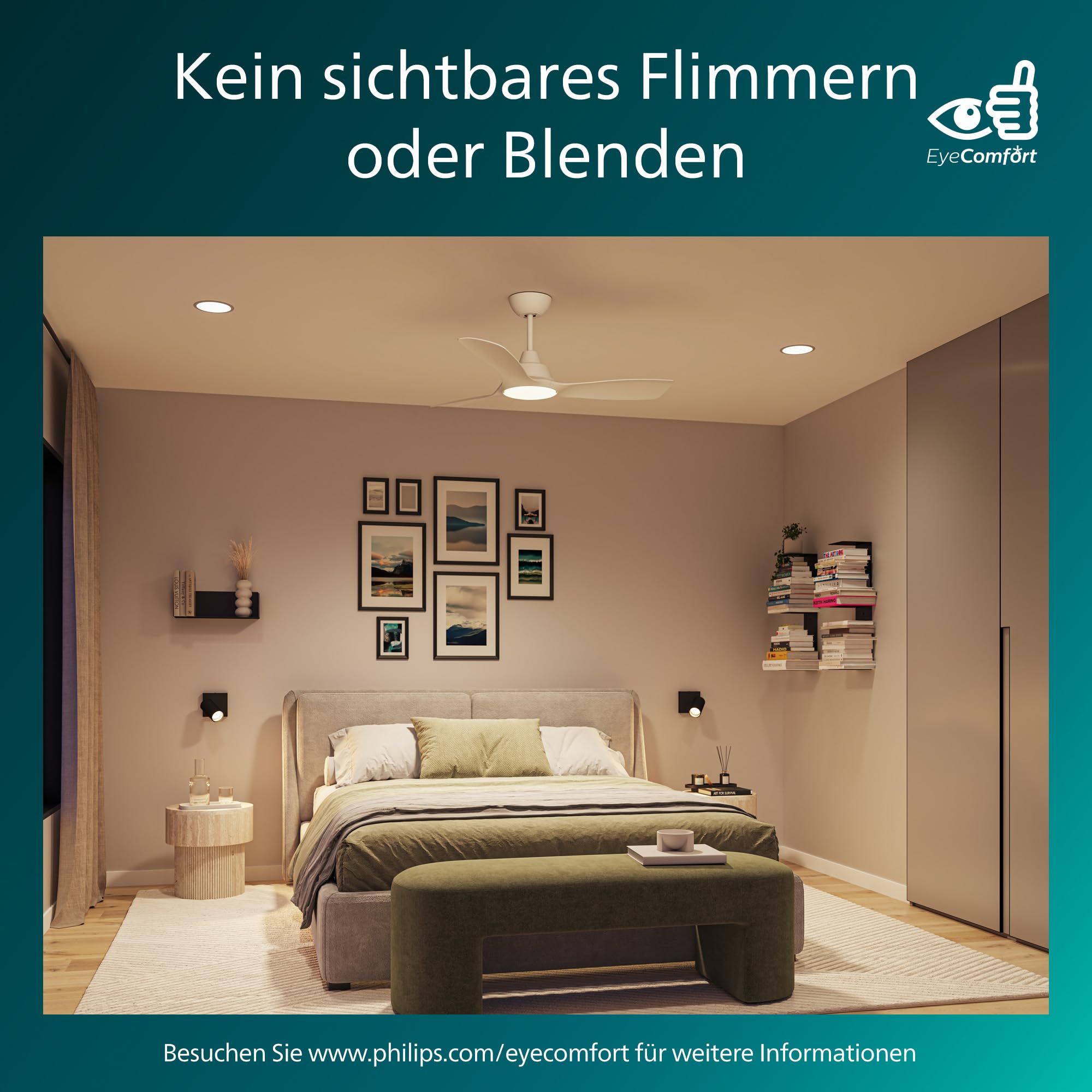 Philips Deckenventilator mit festem Flügel, 3 Flügel, klein (42"), 28 W LED-Licht, Gleichstrommotor, Farbtemperaturbereich (3000 K, 4300 K, 6500 K) mit Dimmfunktion, inkl. Fernbedienung