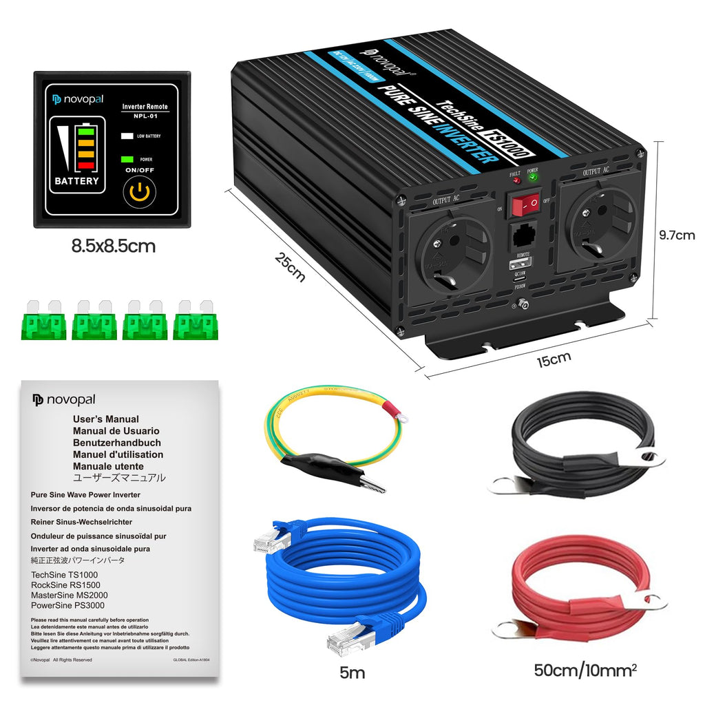 novopal 1000W Wechselrichter Reiner Sinus mit 12v auf 230v Spannungswandler 2 EU Steckdose und QC18W+PD 30W-inkl. 5 Meter Fernsteuerung - Spitzenleistung 2000 Watt