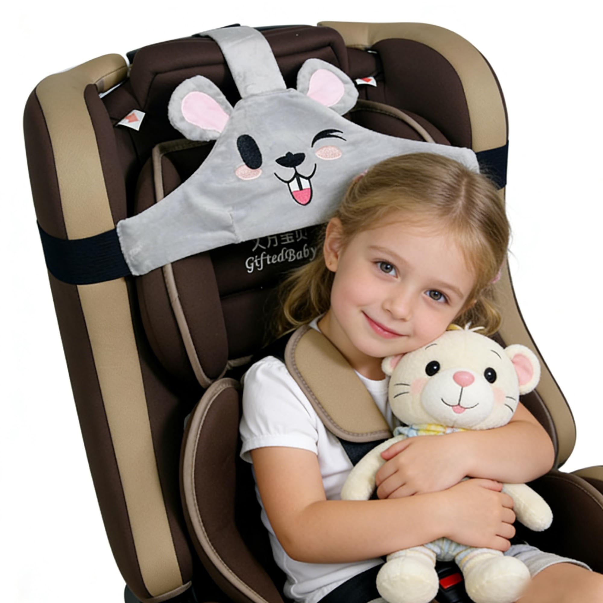 MINGZE Baby Autositz Kopfunterstützung, Auto Sicherer und gemütlicher Schlafpositionierer, Einstellbar Sicherheitssitz Befestigungsgurt, Protektor Kopfstütze Nackenstütze für Kinder Baby (Braun)
