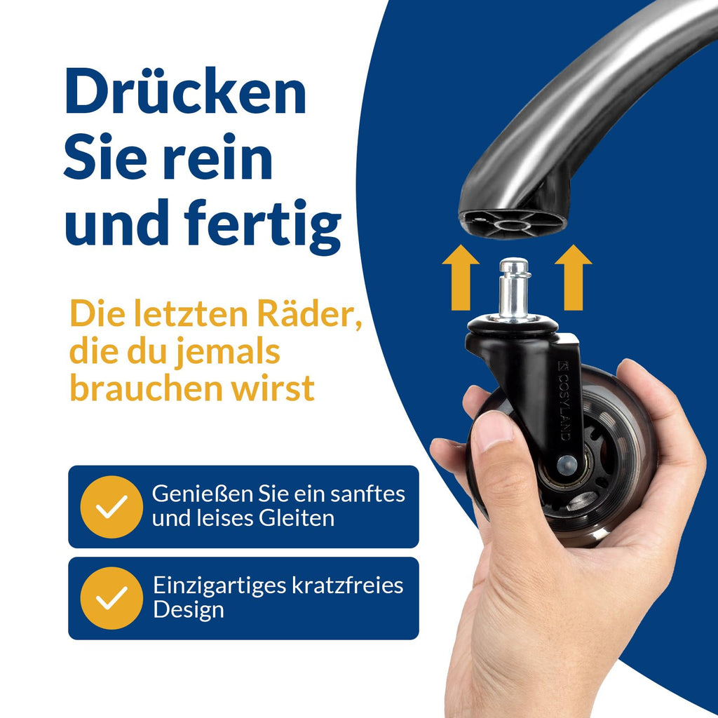 COSYLAND Bürostuhl Rollen 5er Set, 11mm x 22 mm Rollen für Bürostühle, Strapazierfähige Bürostuhl Rollen Parkett, Sehr leise Schreibtischstuhl rollen, Passend für 99% aller Bürostühle