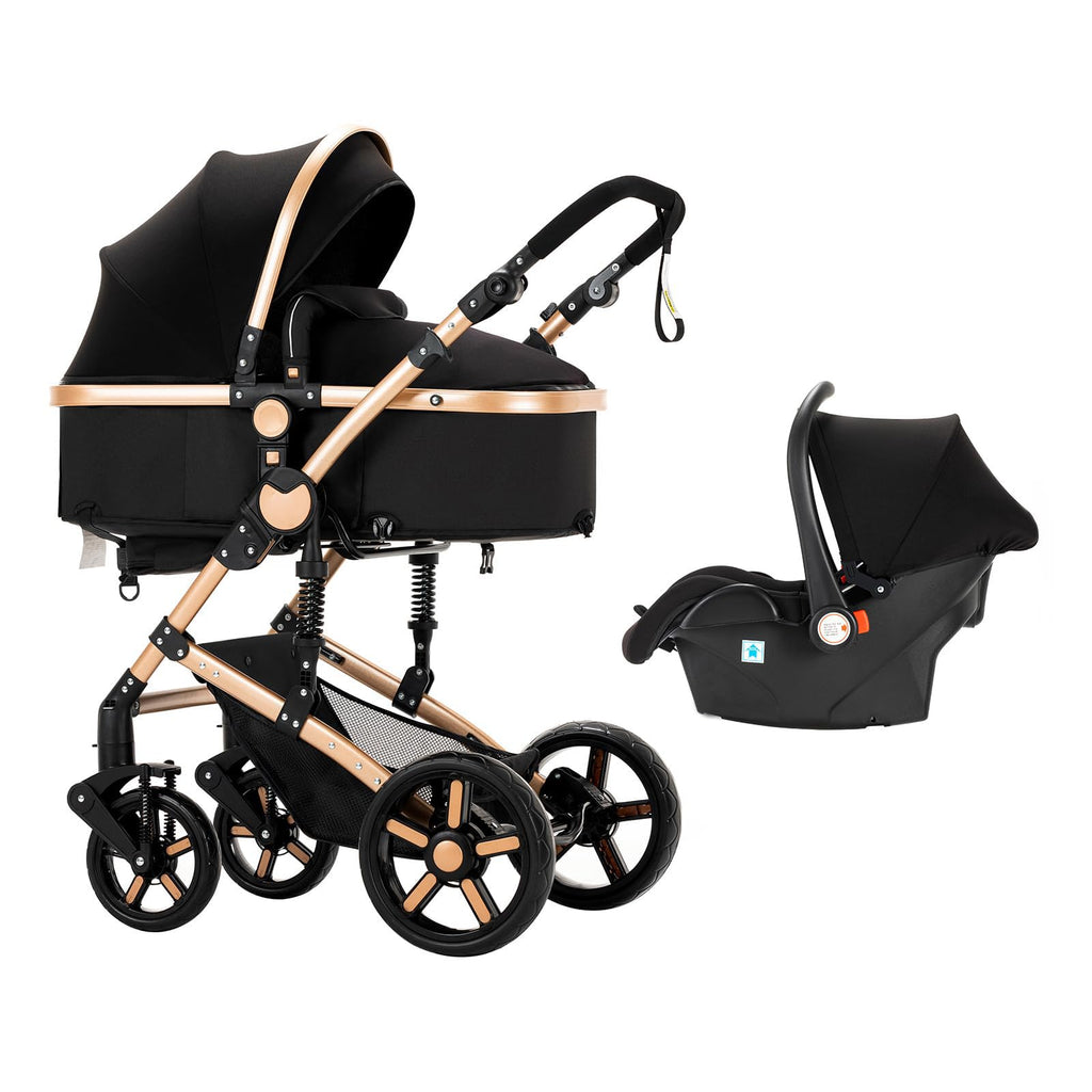 Reenborn Kinderwagen 3 in 1, Buggy mit Zwei Umkehrbaren Schiebemodi, Kinderwagen mit Rahmen Aluminiumlegierung, Babywagen 3 in 1 Komplettset mit Ein-Klick-Faltdesign Hohe Landschaft (588 Black Gold)