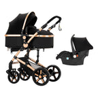 Reenborn Kinderwagen 3 in 1, Buggy mit Zwei Umkehrbaren Schiebemodi, Kinderwagen mit Rahmen Aluminiumlegierung, Babywagen 3 in 1 Komplettset mit Ein-Klick-Faltdesign Hohe Landschaft (588 Black Gold)