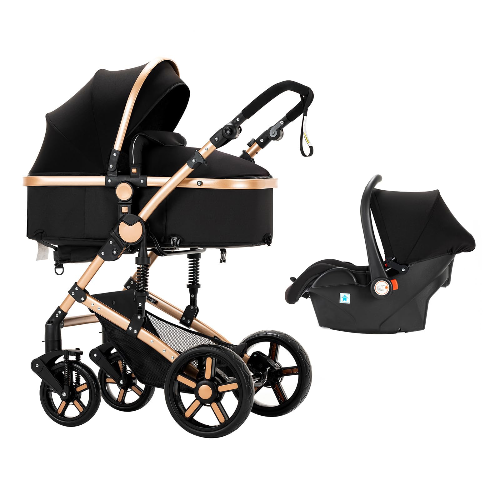 Reenborn Kinderwagen 3 in 1, Buggy mit Zwei Umkehrbaren Schiebemodi, Kinderwagen mit Rahmen Aluminiumlegierung, Babywagen 3 in 1 Komplettset mit Ein-Klick-Faltdesign Hohe Landschaft (588 Black Gold)