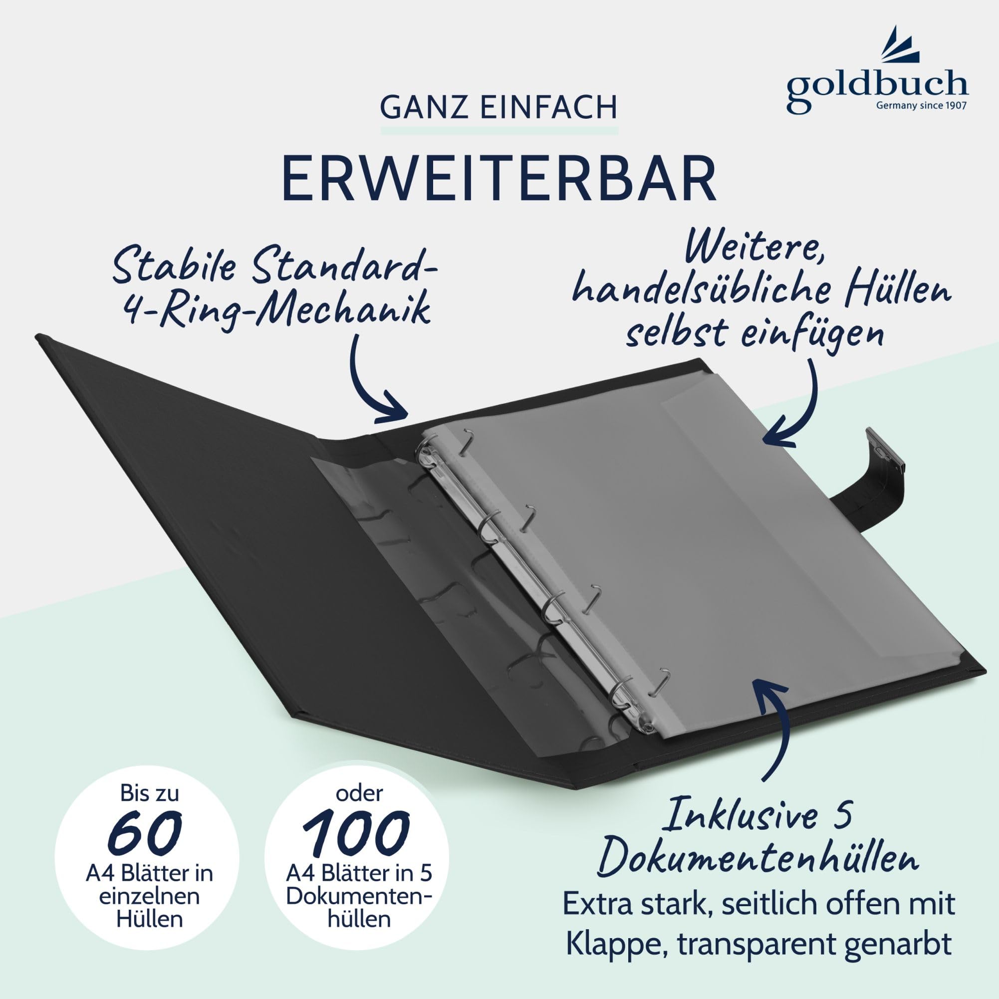 goldbuch Dokumentenmappe, Bologna, 27,5 x 34 cm, Inklusive 5 Sichthüllen, Erweiterbar, Mit Schloss, Kunstleder, Schwarz, 53523