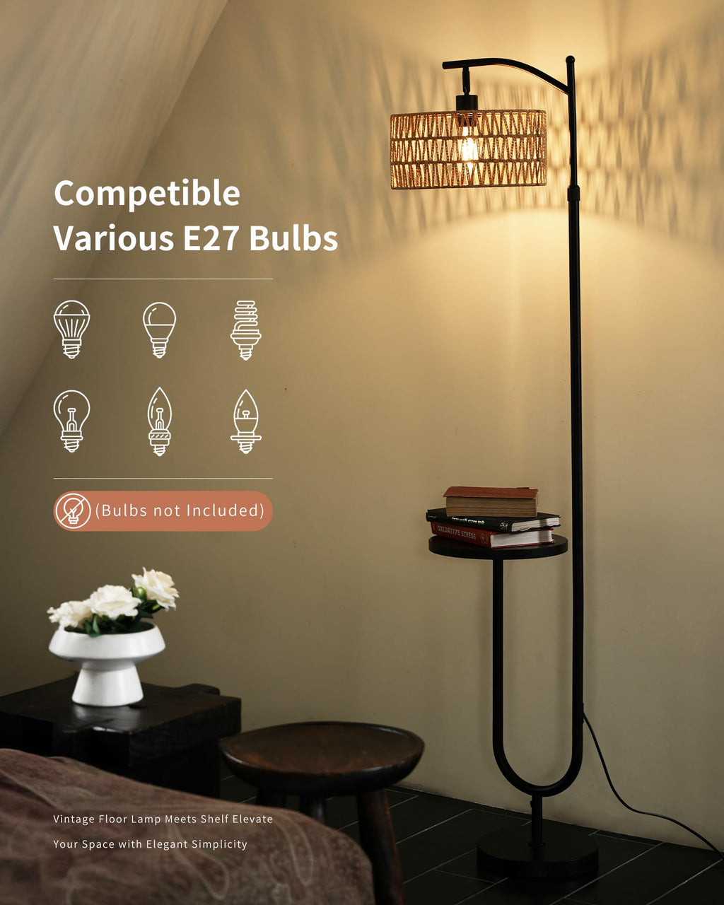 LuminexDesigns Stehlampe Wohnzimmer Vintage Rattan - Stehleuchte Schwarz Retro E27 mit Ablage Höhenverstellbar 176CM Boho Standleuchte mit 2M Kabel Fußschalter Beige Standlampe für Schlafzimmer