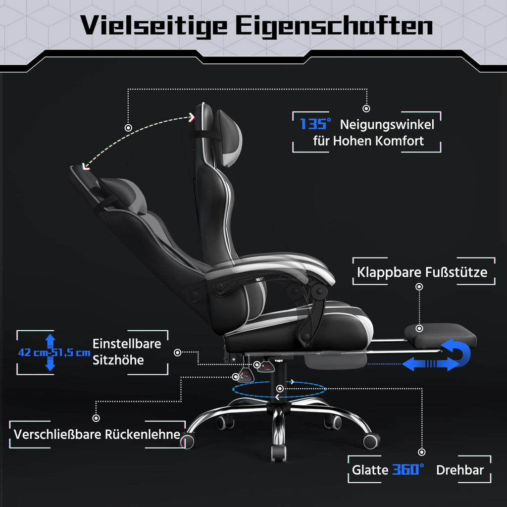 Yaheetech Gaming Stuhl Ergonomischer Gamer Stuhl mit Massagefunktion Computerstuhl mit Fußstütze Bürostuhl 90-135° Rückenlehne verstellbar Gaming Sessel PC Stuhl Weiß