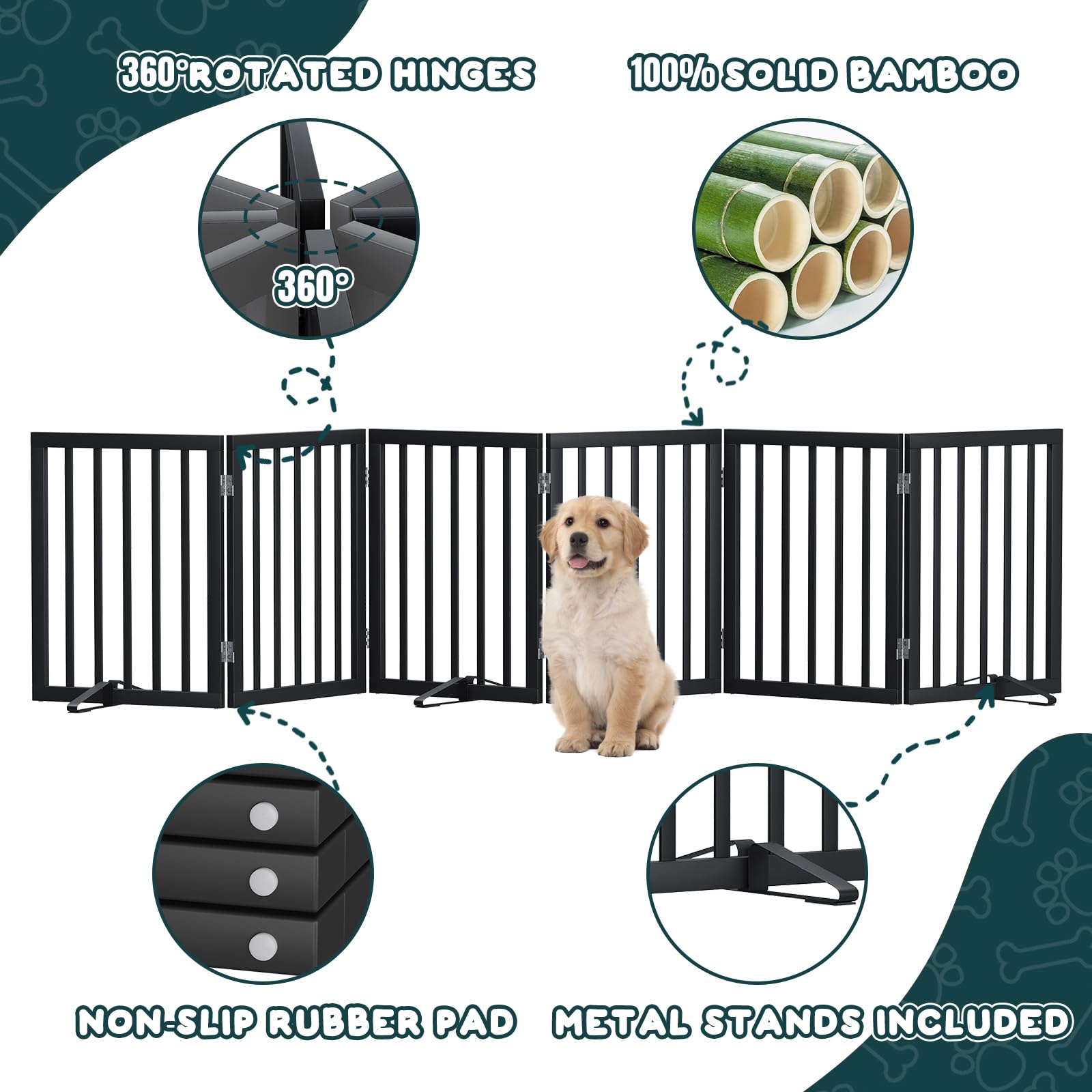 Semiocthome Freistehende Baby- & Haustiergitter aus Bambus, Hunde- und Katzengitter für Türen, Treppenschutzgitter für Welpen, Faltbare Sicherheitsgitter (Schwarz, 3 Panels -60cm Height)