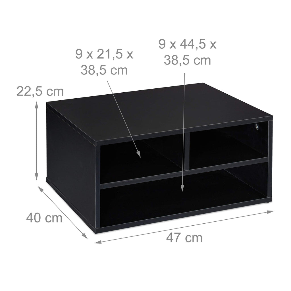 Relaxdays Druckerständer Schreibtisch, 3 Fächer, Regal für Drucker, Druckerhalter, H x B x T: 22,5 x 47 x 40 cm, schwarz