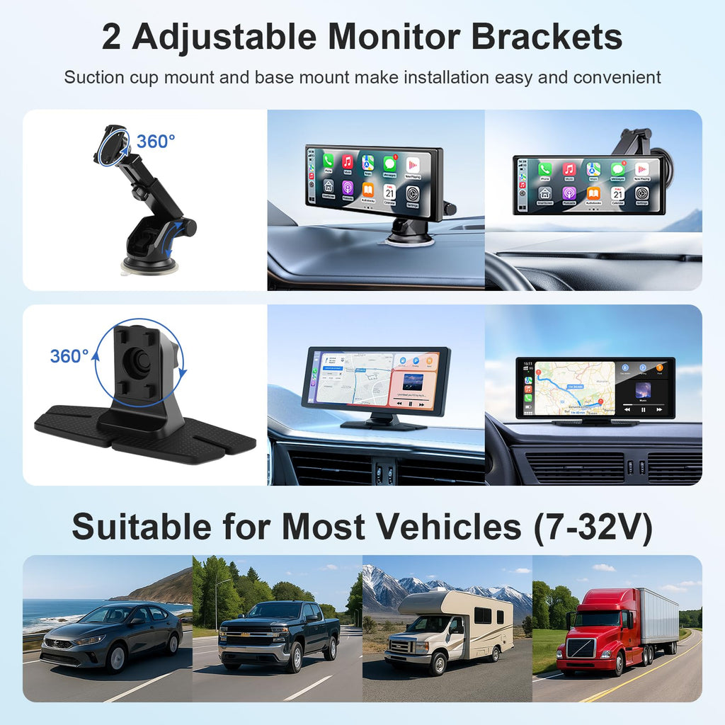 10,26 Zoll Carplay Display - Wireless Android Auto Car Play Display mit 4K Dashcam 1080P Rückfahrkamera IPS Touchscreen Bluetooth Mirror Link Split Screen FM Radio/AUX 64G TF