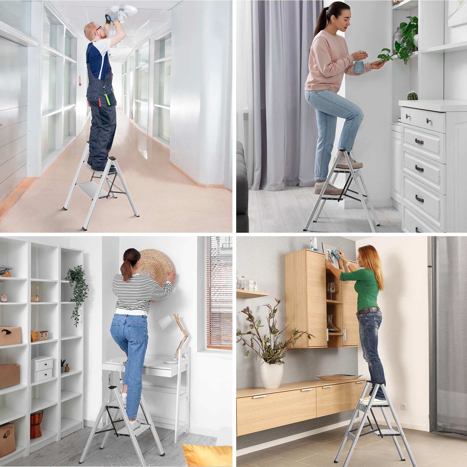 TLGREEN Alu Trittleiter 2-Stufen-Leiter Klappleiter Rostfeste rutschfeste Stehleiter Haushaltsleiter Multifunktionale Tritthocker Licht Platzsparend bis 150kg Belastbar für Küchen Haushalt Außen Büro