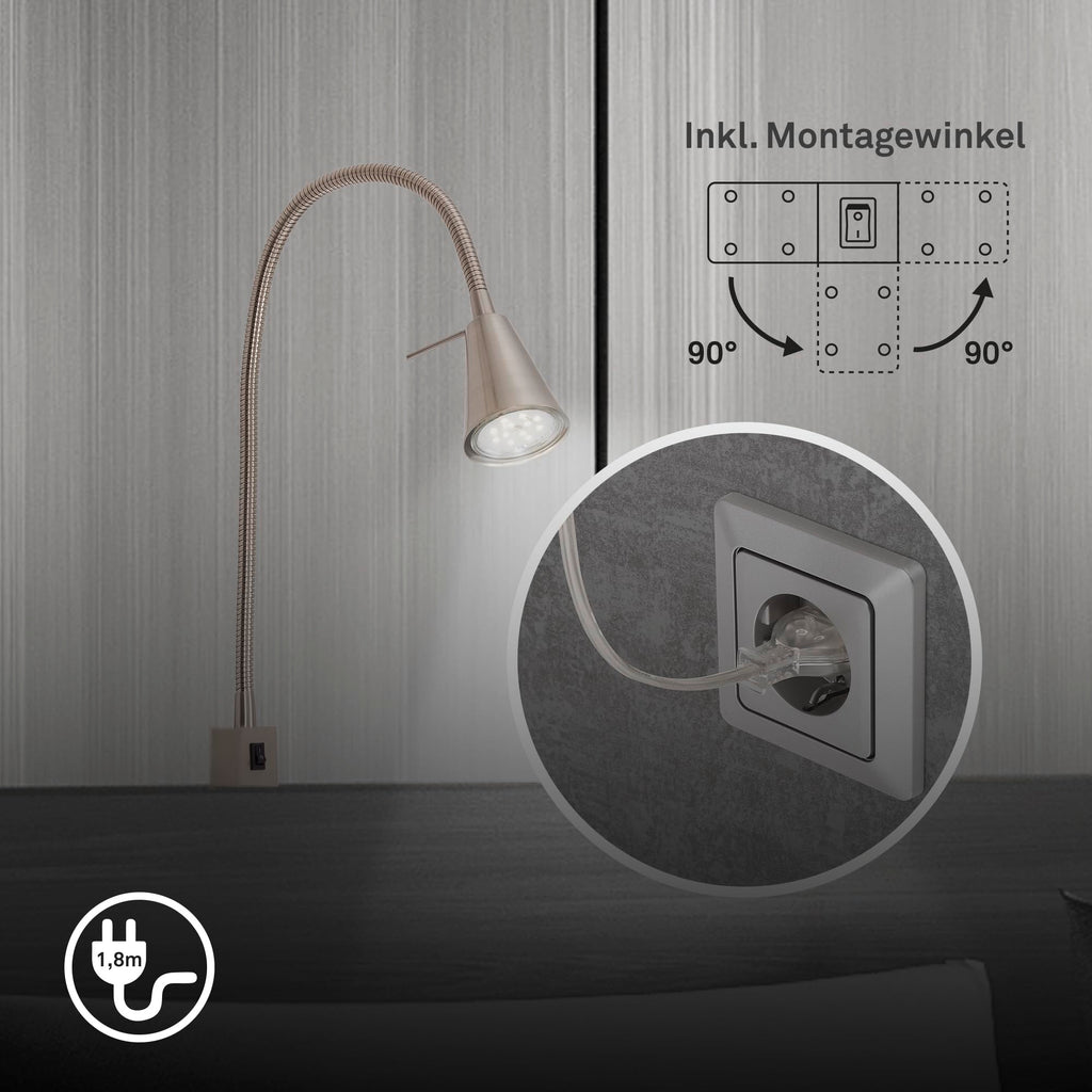BRILONER - LED Leselampe mit Schalter am Gehäuse, schwenkbar, GU10 4,7W, 400lm, warmweißes Licht, Wandleuchte Innen, Wandlampe, Bettlampe, Lampe Bett, Leselicht, Nachttischlampe, 40,3 cm, Matt-Nickel