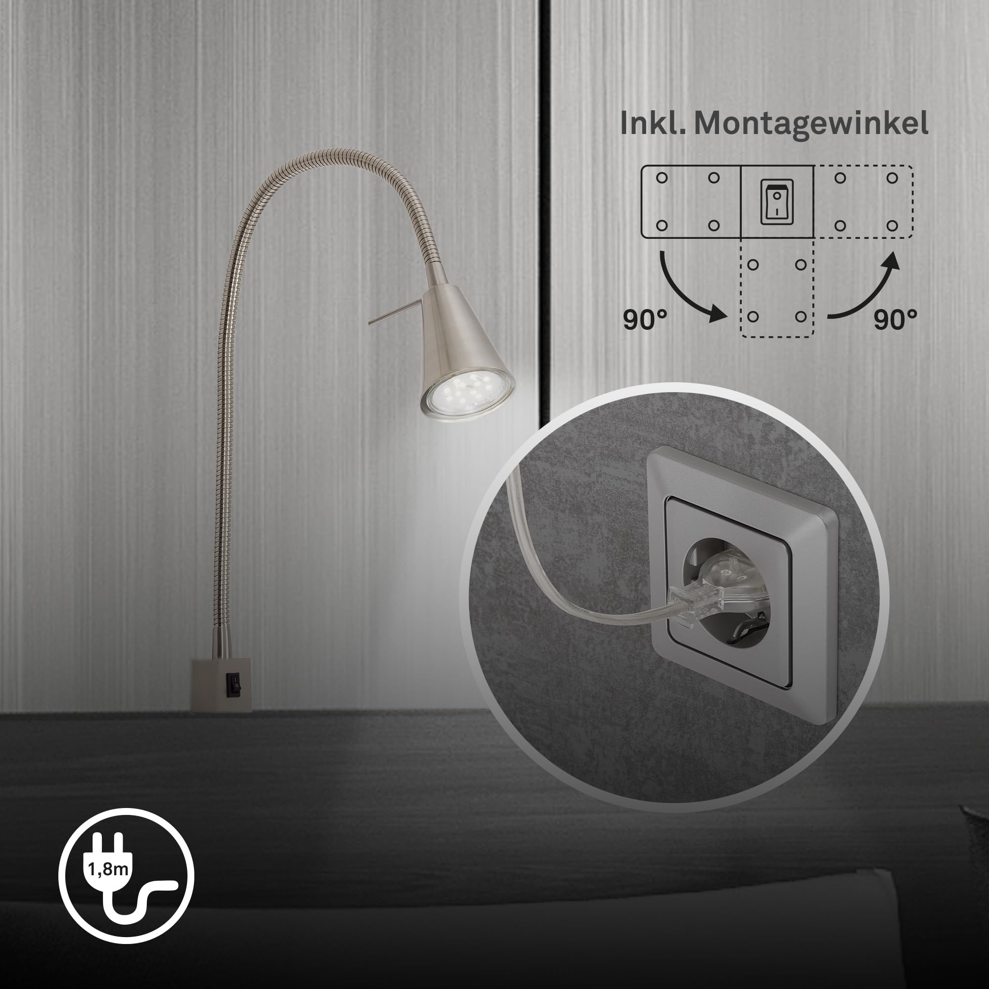 BRILONER - LED Leselampe mit Schalter am Gehäuse, schwenkbar, GU10 4,7W, 400lm, warmweißes Licht, Wandleuchte Innen, Wandlampe, Bettlampe, Lampe Bett, Leselicht, Nachttischlampe, 40,3 cm, Matt-Nickel
