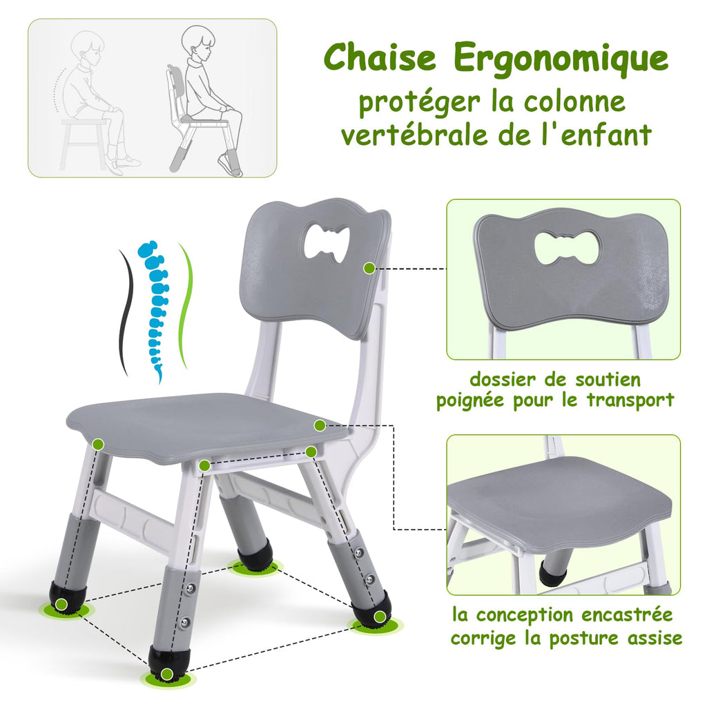 MAMIZO Kindertisch Packung mit 6 Stühlen, Kindertischgruppe Höhenverstellbar, Kinder Tisch Stuhl Set für Kindergarten und Kinderzimmer, Plastik Kindermöbel, Sitzgruppe Jungen Mädchen ab 2 Jahre, Grau