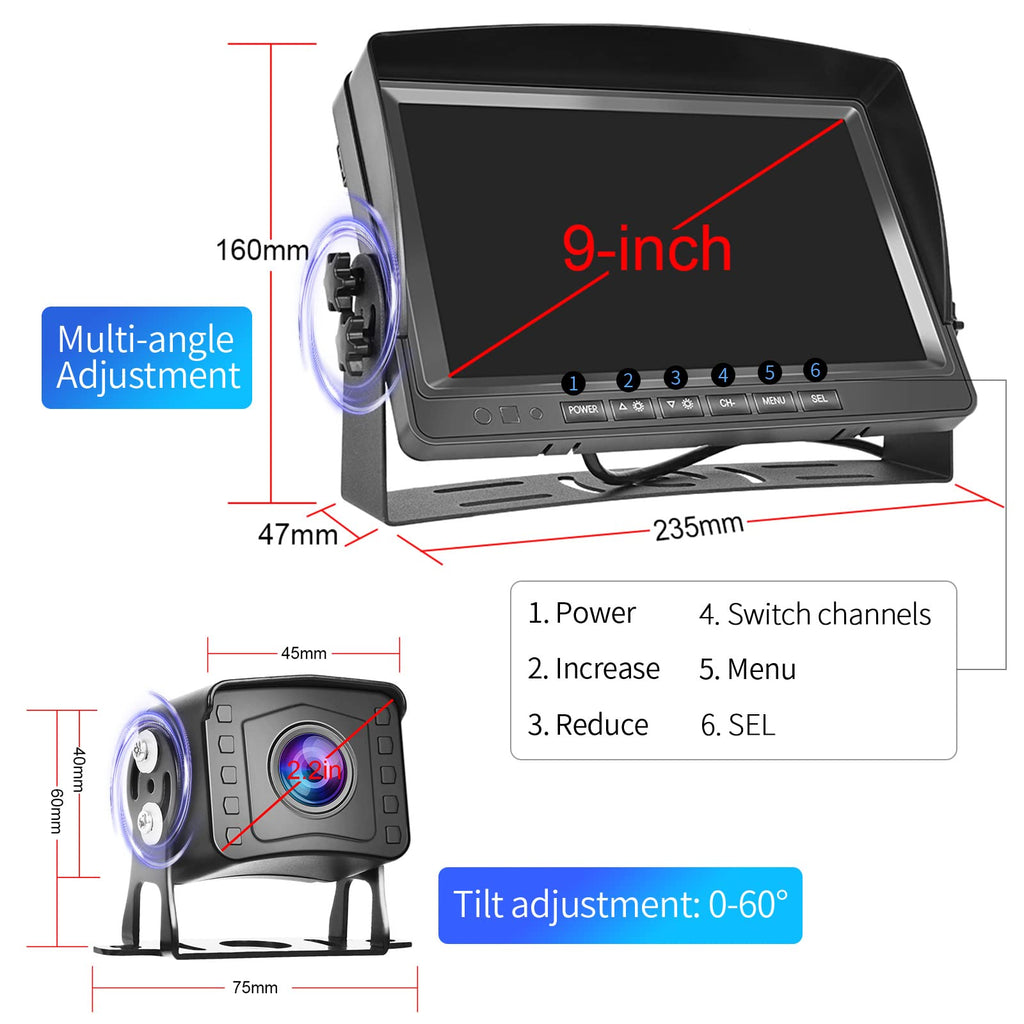 Hodozzy Dual Backup Kamera Rückfahrkamera System, Videoaufzeichnung 9 Zoll LCD Monitor DVR, IP69 Wasserdicht Vollfarb-Nachtsicht Auto Kamera mit 2*10m Kabel für LKW/Anhänger/Bus/Van/Wohnmobil 12V-35V