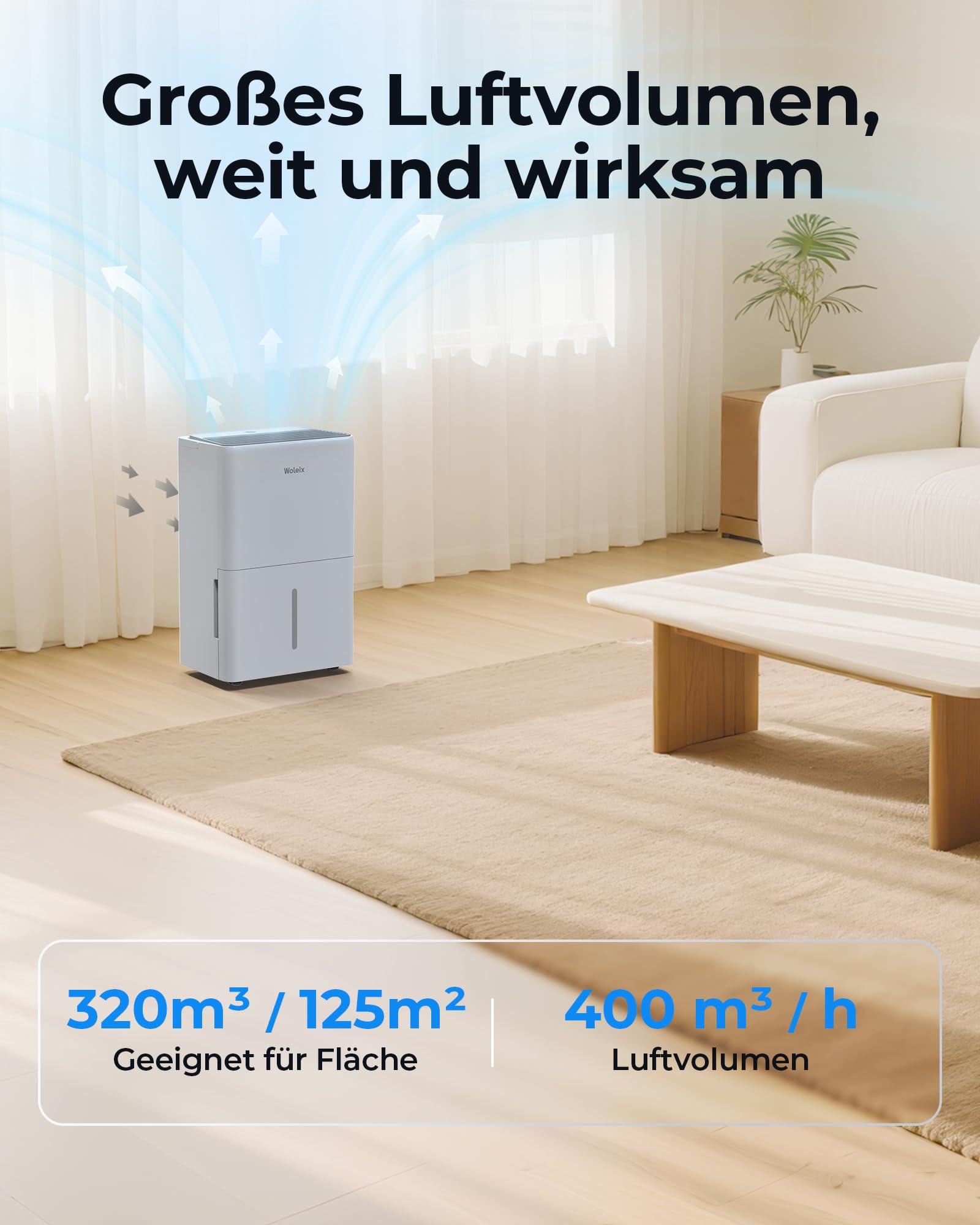 Woleix Luftentfeuchter elektrisch 50L, Entfeuchter elektrisch für Keller, Raumentfeuchter elektrisch 43dB für Räume bis zu 320m³/125m², mit Timer, Filter und 1M Ablaufschlauch, 10 J. Gar.