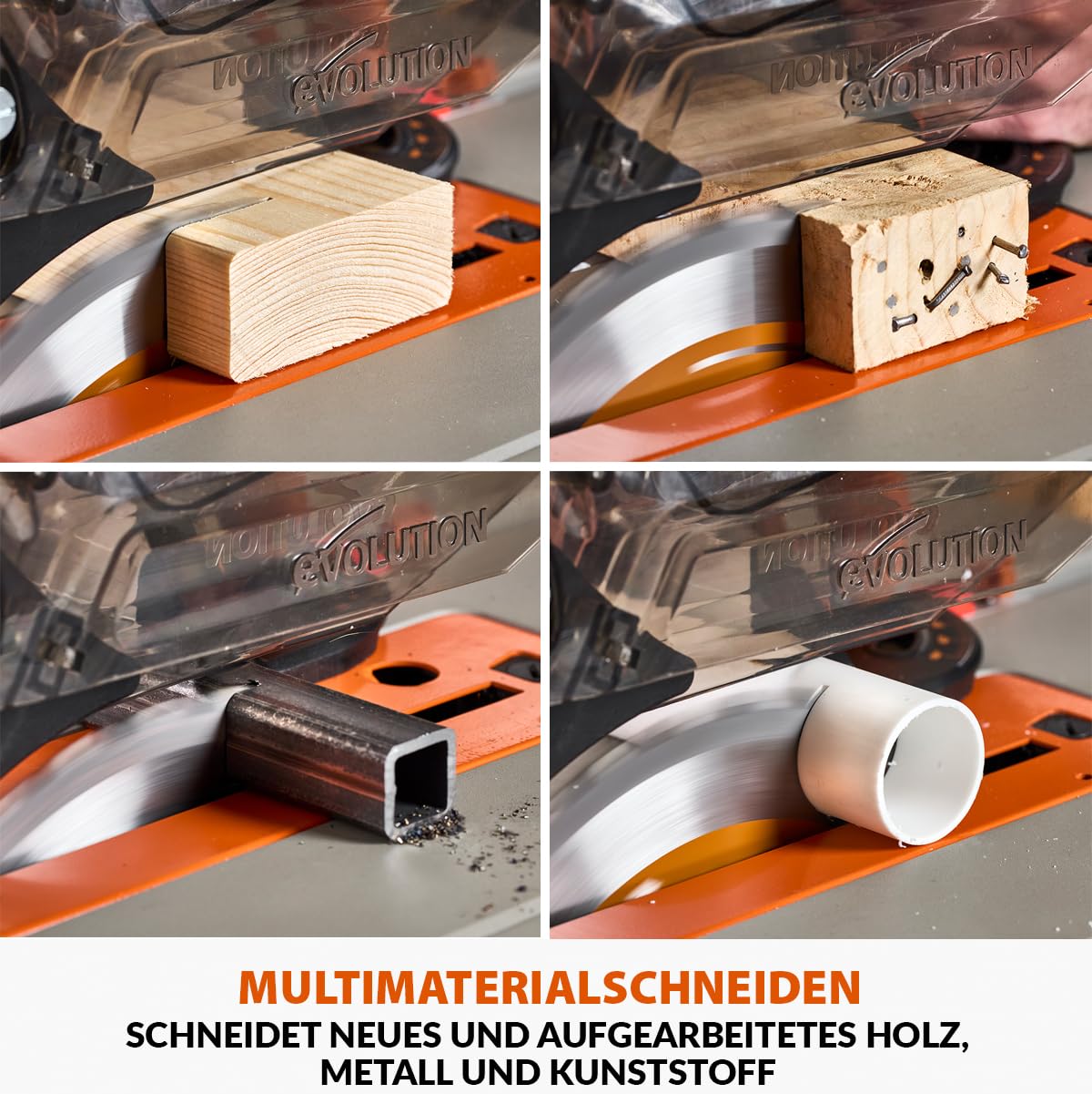 Evolution Power Tools R255TBL+ tischkreissäge, Tischsäge Tragbares Multi-Material-Sägeblatt im Lieferumfang enthalten Schneidet Holz Metall Kunststoff, 45˚ Fase, +/- 60˚ Gehrungswinkel, 1800w Motor