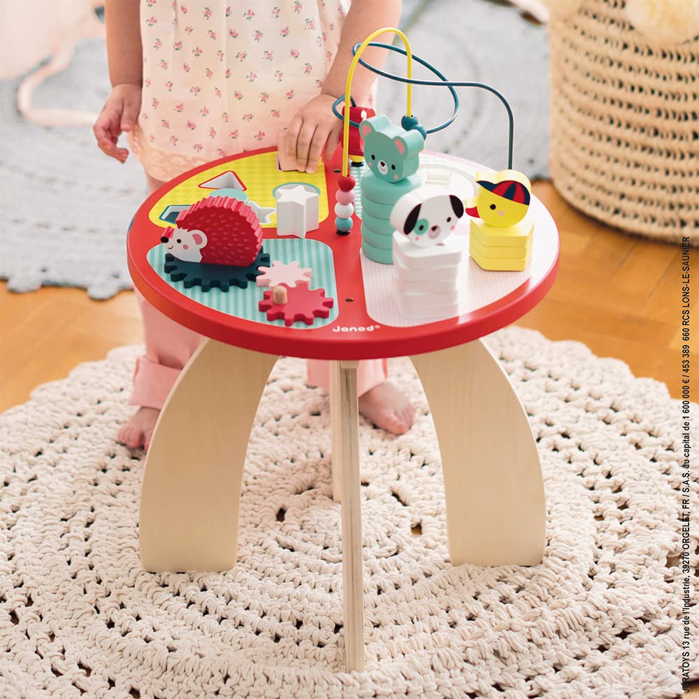 Janod Wooden Activity Table ‘Baby Forest’ - Large Early Learning Centre for Stacking, Dexterity with Maze, Cubes, Gear System and 3 Wooden Animals - From 1 Year Old, J08018