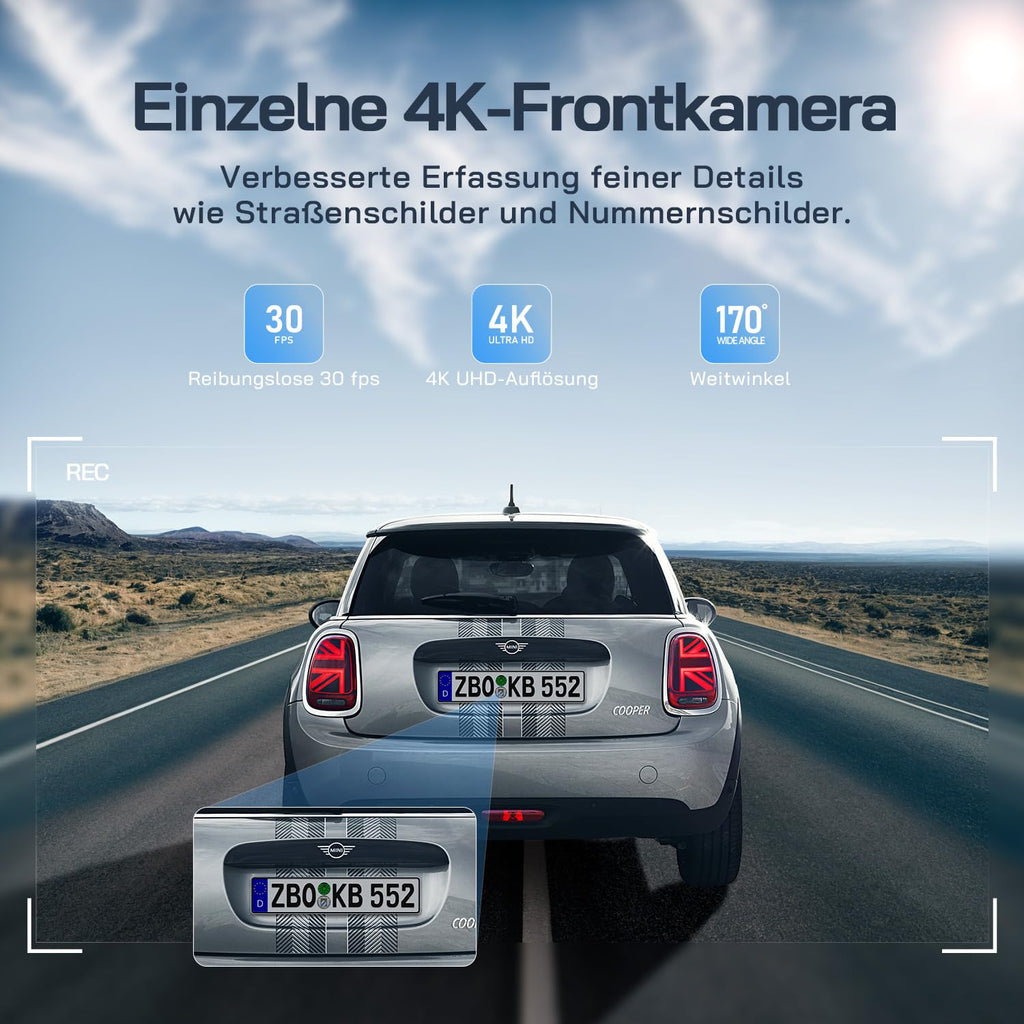 WOLFANG Dashcam Auto Vorne Hinten 4K WiFi Dash Cam mit 32GB SD Karte, Ultra Nachtsicht, 170°Weitwinkel, WDR, 24 Std. Parkmodus, G-Sensor, Loop-Aufnahme