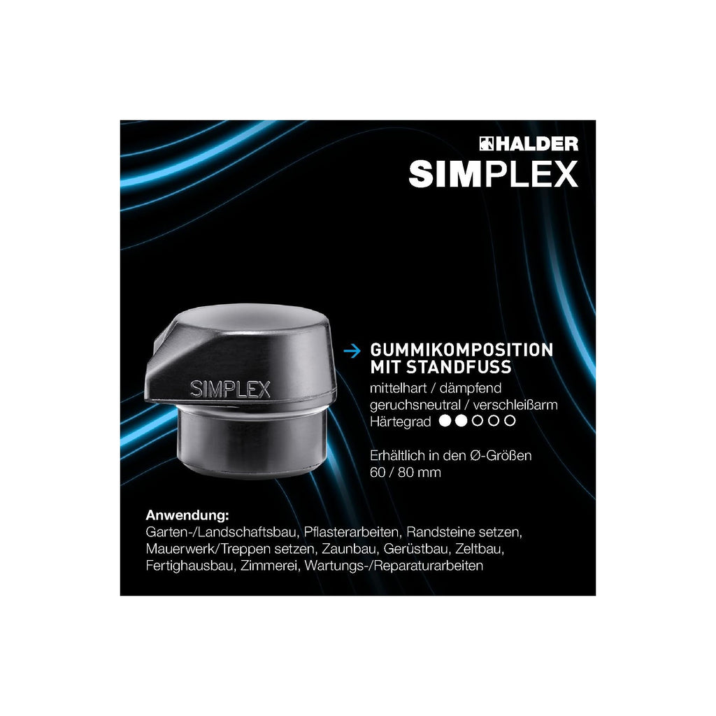SIMPLEX-Schonhammer, Gummikomposition, mit Standfuß/Superplastik; mit Tempergussgehäuse und hochwertigem extra kurzen Holzstiel | D=80 mm/Stielausführung=extra kurz | 3027.282