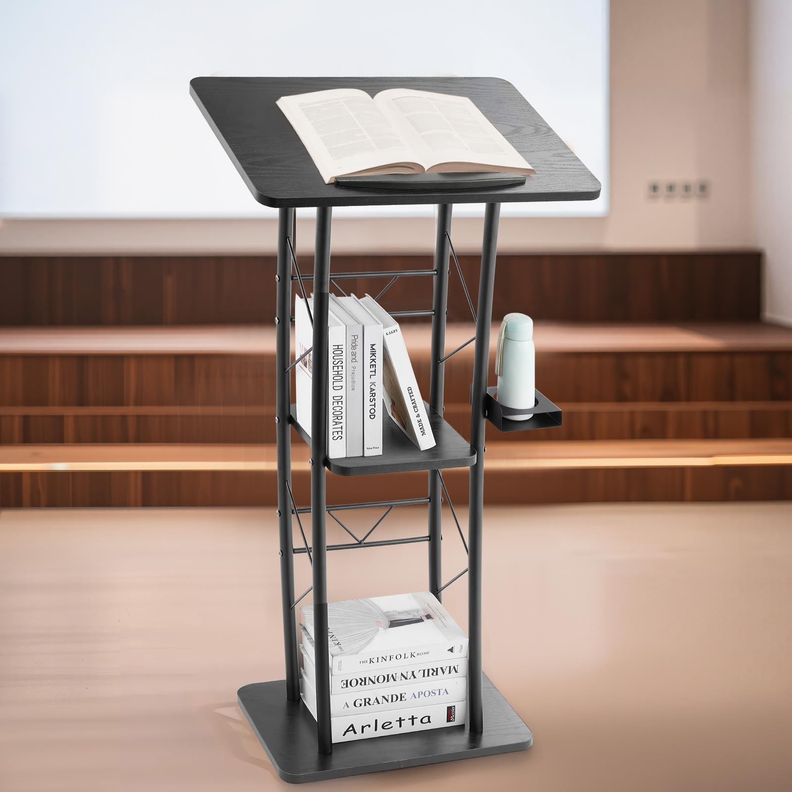 VEVOR Rednerpultständer Metall-Rednerpult (118 cm Höhe), gebogenes Stehpult mit breiter Lesefläche & offenem Ablagefach & Getränkehalter, für Klassenzimmer Hochzeiten Konferenzen Reden