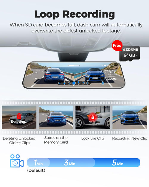 AZDOME PG17 4K 12" Spiegel Dashcam Auto, WiFi Rückspiegelkamera mit wasserdichter 1080P-Rückkamera, 64GB Karte enthalten, WDR-Nachtsicht, GPS, Sprachsteuerung, Fahrassistent