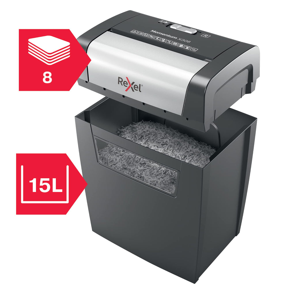 Rexel Aktenvernichter Momentum X308, Partikelschnitt, 9-8 Blatt A4 (70-80 g/m²) Kapazität, Sicherheitsstufe P3, 15L Abfallbehälter, Schredder, schwarz, 2104570EU