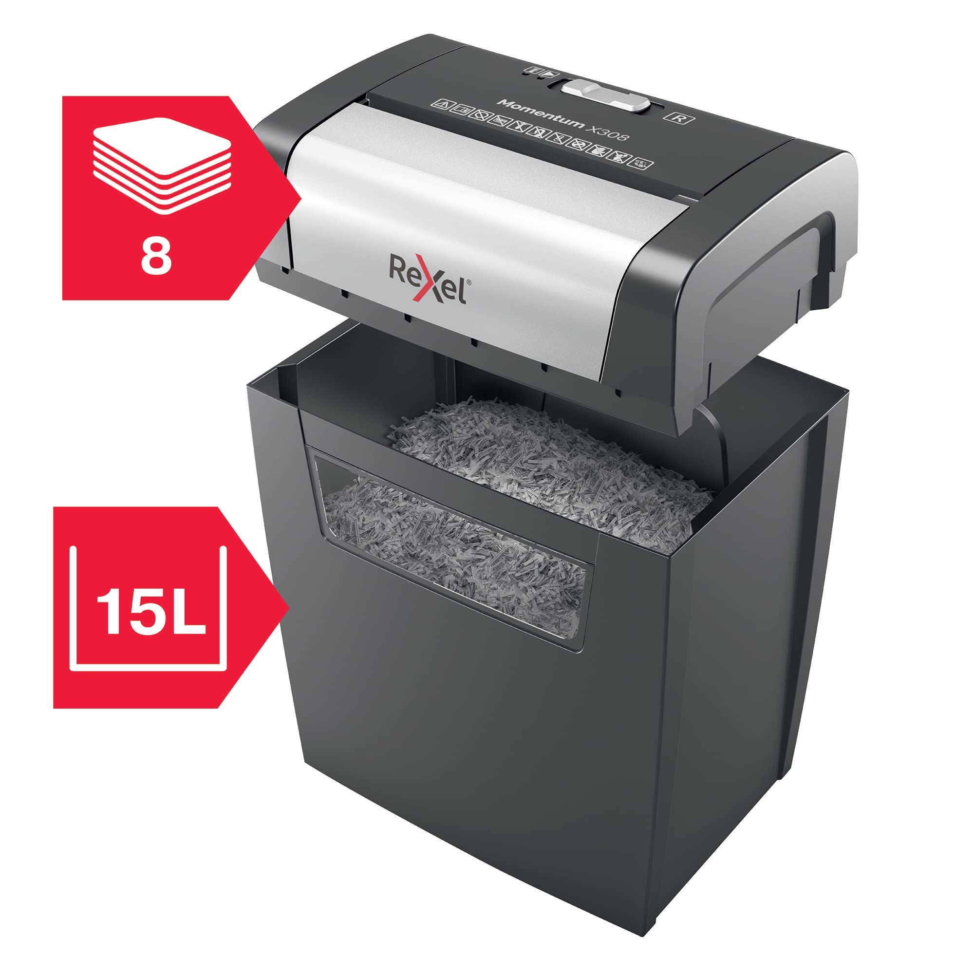 Rexel Aktenvernichter Momentum X308, Partikelschnitt, 9-8 Blatt A4 (70-80 g/m²) Kapazität, Sicherheitsstufe P3, 15L Abfallbehälter, Schredder, schwarz, 2104570EU