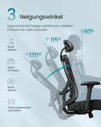 SONGMICS Ergonomischer Bürostuhl, Computerstuhl, Mesh-Stuhl, Lendenkissen und Kopfstütze verstellbar, maximale Belastung: 150 kg, höhenverstellbar, Tintenschwarz, OBN063B01