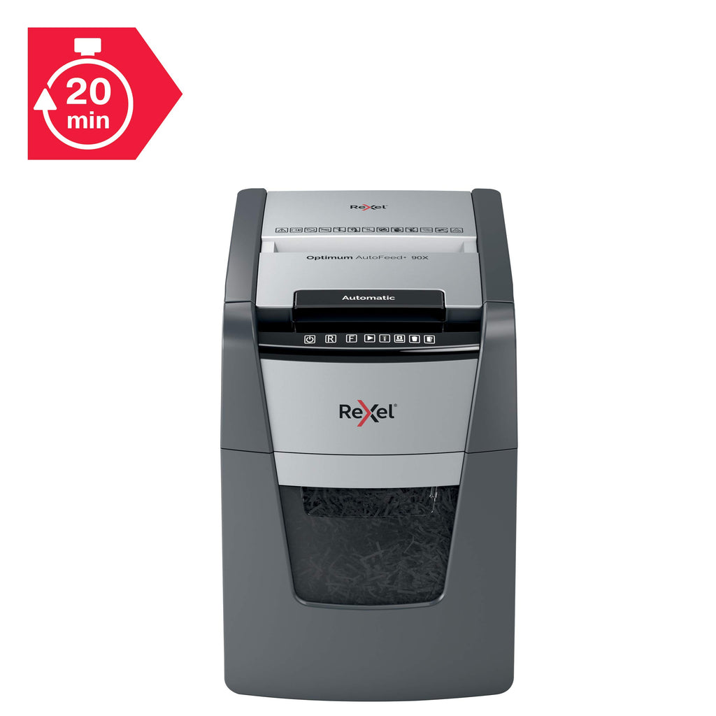Rexel Optimum AutoFeed+ 90X Automatischer Aktenvernichter, 90 Blatt automatisch, Sicherheitsstufe P4, Partikelschnitt, für Zuhause / Home Office, 34 Liter Abfallbehälter, 2020090XEU