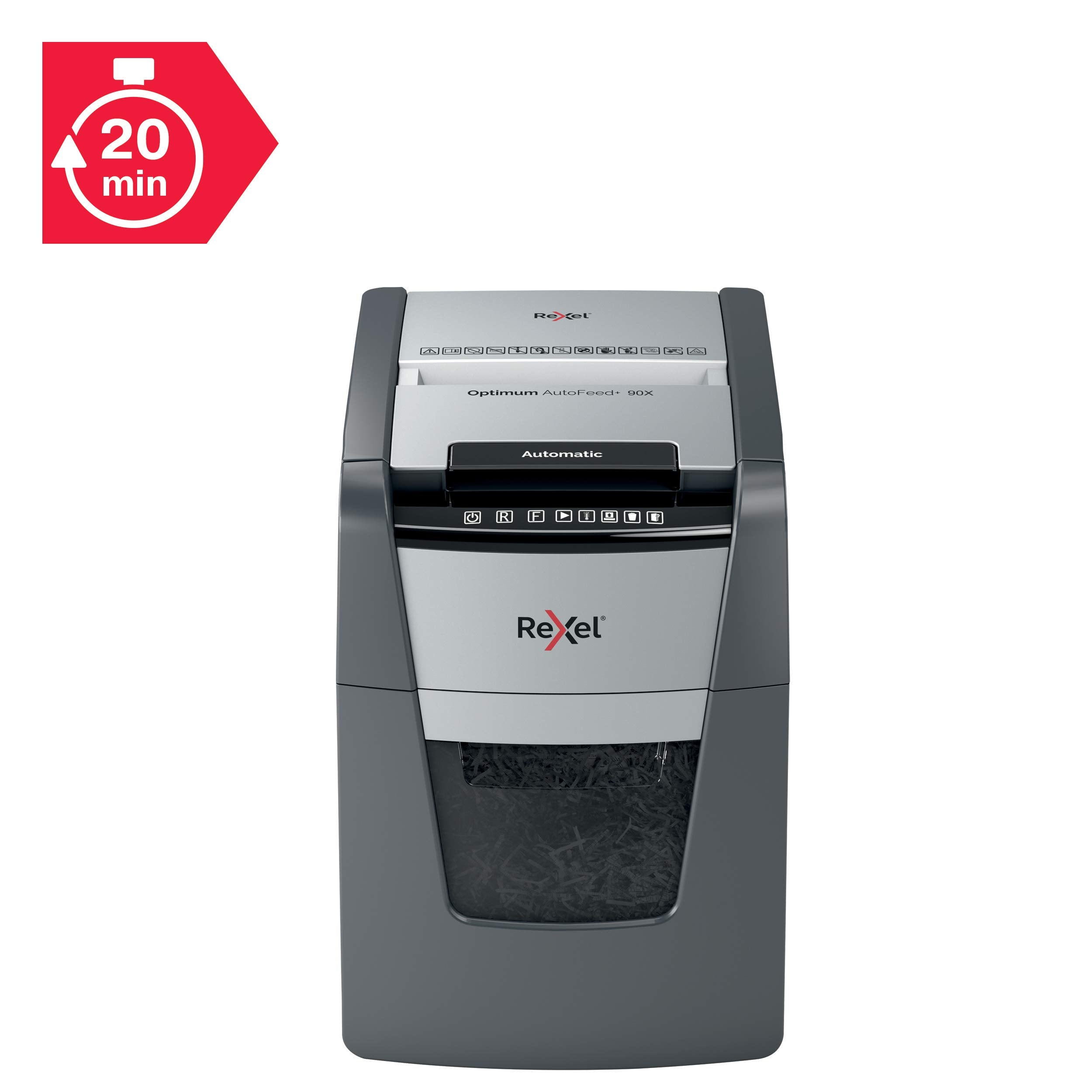 Rexel Optimum AutoFeed+ 90X Automatischer Aktenvernichter, 90 Blatt automatisch, Sicherheitsstufe P4, Partikelschnitt, für Zuhause / Home Office, 34 Liter Abfallbehälter, 2020090XEU