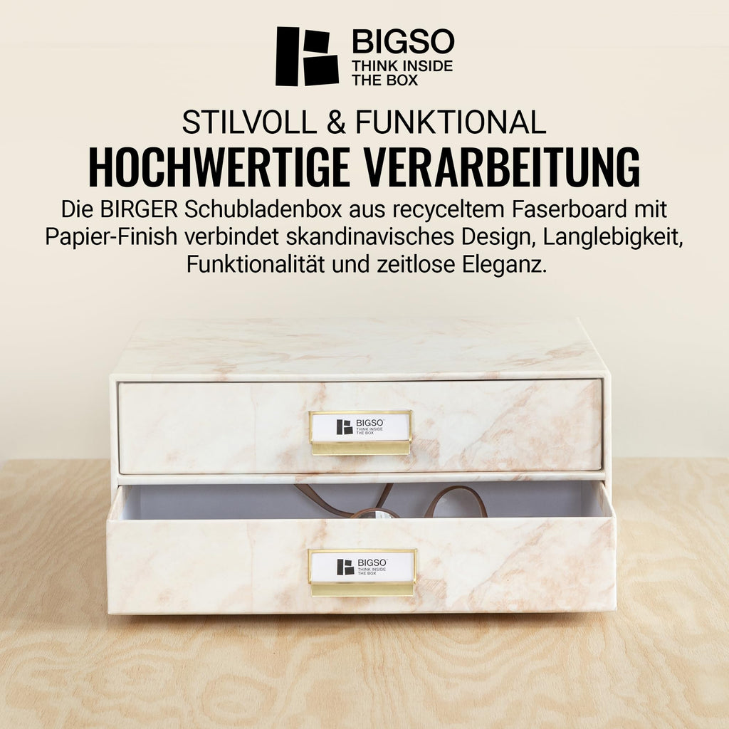 BIGSO BIRGER Schubladenbox – Aufbewahrungsbox mit 2 Schubladen – Schreibtisch Ablage für Dokumente & Bürobedarf – Ablagesystem aus recycelter Faserplatte und Papier – weiß