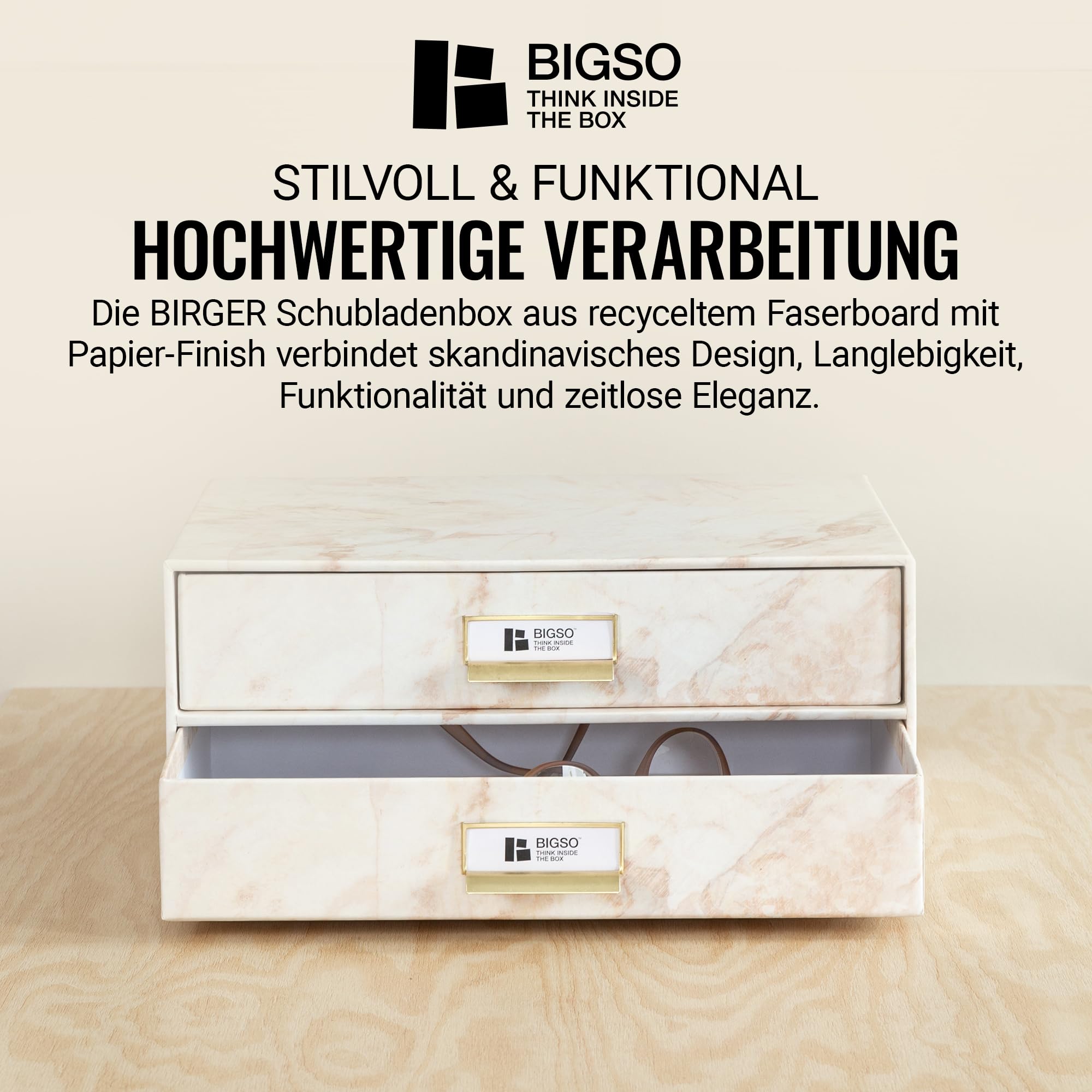 BIGSO BIRGER Schubladenbox – Aufbewahrungsbox mit 2 Schubladen – Schreibtisch Ablage für Dokumente & Bürobedarf – Ablagesystem aus recycelter Faserplatte und Papier – weiß