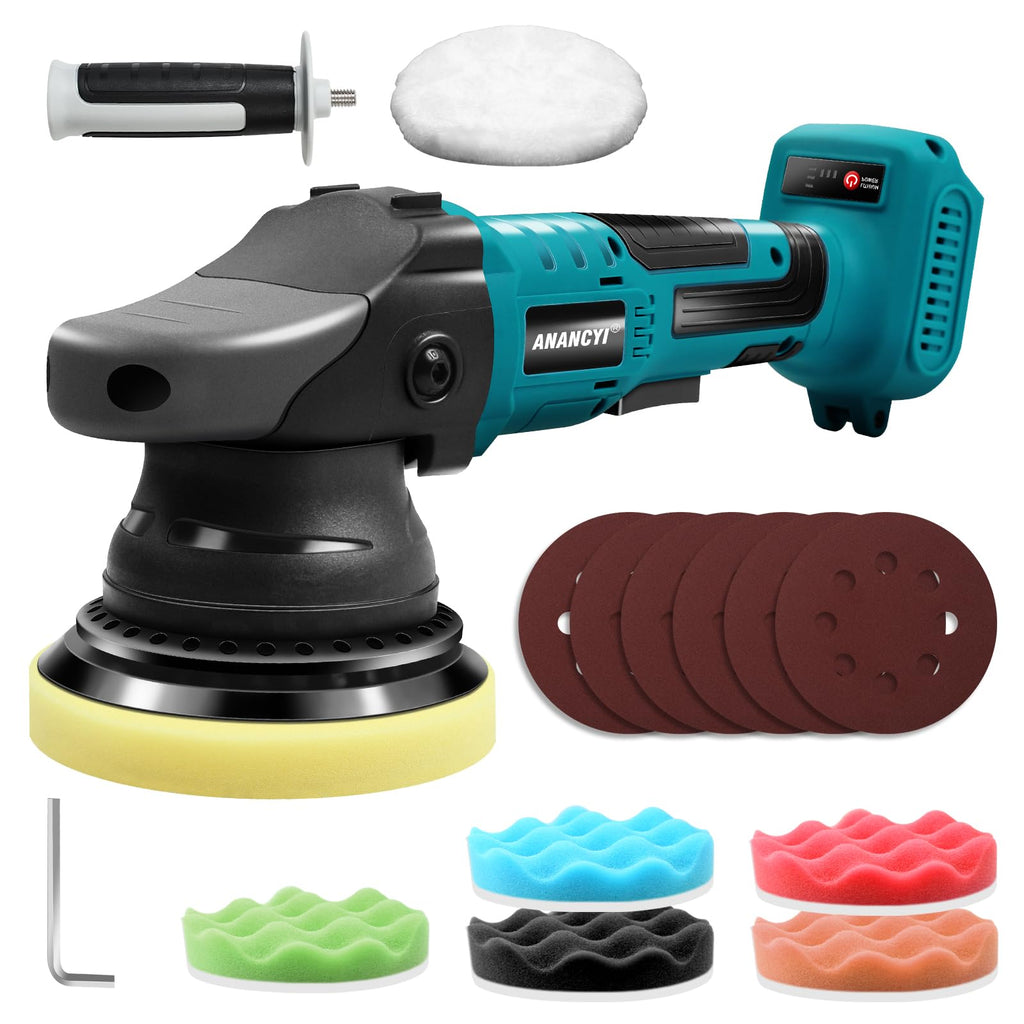Anancyi Akku Poliermaschine 18V für Autos,15 mm Exzenter Poliermaschine, 2000-6000 RPM, 3-Geschwindigkeiten, 125mm Polierschwamm, für Mak-ita BL（Keine Batterie）